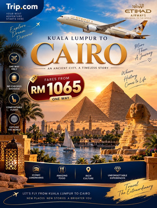 🇪🇬 CAIRO GETAWAY — FROM RM1,065 ✈️

Kuala Lumpur → Abu Dhabi → Cairo | ONE WAY

🔥 FROM RM1,065 ONE WAY! 🔥

Ready to discover the magic of Egypt? ✈️ Escape from Kuala Lumpur to Cairo with Etihad Airways, starting from just RM1,065 ONE WAY, with a convenient short transit in Abu Dhabi before continuing your journey to the heart of Egypt. 🇲🇾✈️🇦🇪✈️🇪🇬

Cairo is a destination where ancient wonders, rich culture and vibrant city life come together. From the legendary Pyramids of Giza and the mysterious Great Sphinx to the magnificent Nile River, historic mosques and colourful traditional markets, every moment in Cairo brings a new story to discover. ✨🏛️

🌟 WHY VISIT CAIRO?

🔺 Marvel at the Great Pyramids of Giza
Stand before one of the world’s most iconic ancient wonders and experience the incredible atmosphere of Egypt’s legendary pyramids.

🗿 Discover the Great Sphinx
Meet the mysterious guardian of the Giza Plateau and capture unforgettable photos beside one of Egypt’s most famous landmarks.

🌊 Experience the Nile River
Enjoy beautiful riverside views and discover Cairo from a completely different perspective along the legendary Nile.

🕌 Explore Historic Cairo
Wander through centuries-old streets, admire magnificent mosques and experience the fascinating architecture and heritage of the city.

🛍️ Shop at Khan El Khalili
Explore a lively traditional bazaar filled with colourful souvenirs, handmade crafts, spices, jewellery and authentic Egyptian charm.

🍽️ Taste Authentic Egyptian Flavours
From delicious koshari and ful medames to grilled meats, traditional dishes and sweet Egyptian desserts, Cairo is a paradise for food lovers.

📸 Create Unforgettable Memories
Whether you’re exploring ancient landmarks, cruising along the Nile, discovering local culture or simply enjoying the atmosphere of Cairo, there is always something memorable around every corner.

Whether you’re planning a short getaway, a cultural adventure or your first journey to Egypt, Cairo is ready to welcome you. 🇪🇬✨ Let the journey begin with Etihad Airways, enjoy a short transit in Abu Dhabi, and arrive ready to explore one of the world’s most fascinating cities.

💙 Pack light. Fly smart. Discover Cairo.

📍 Kuala Lumpur → Abu Dhabi → Cairo
💰 From RM1,065 one way
✈️ Etihad Airways
🧳 No checked baggage
⏱️ Short transit in Abu Dhabi
🇪🇬 Your Cairo adventure starts here! #travel #travel2026 #thingstodo #egypt #tripcom #staycation 