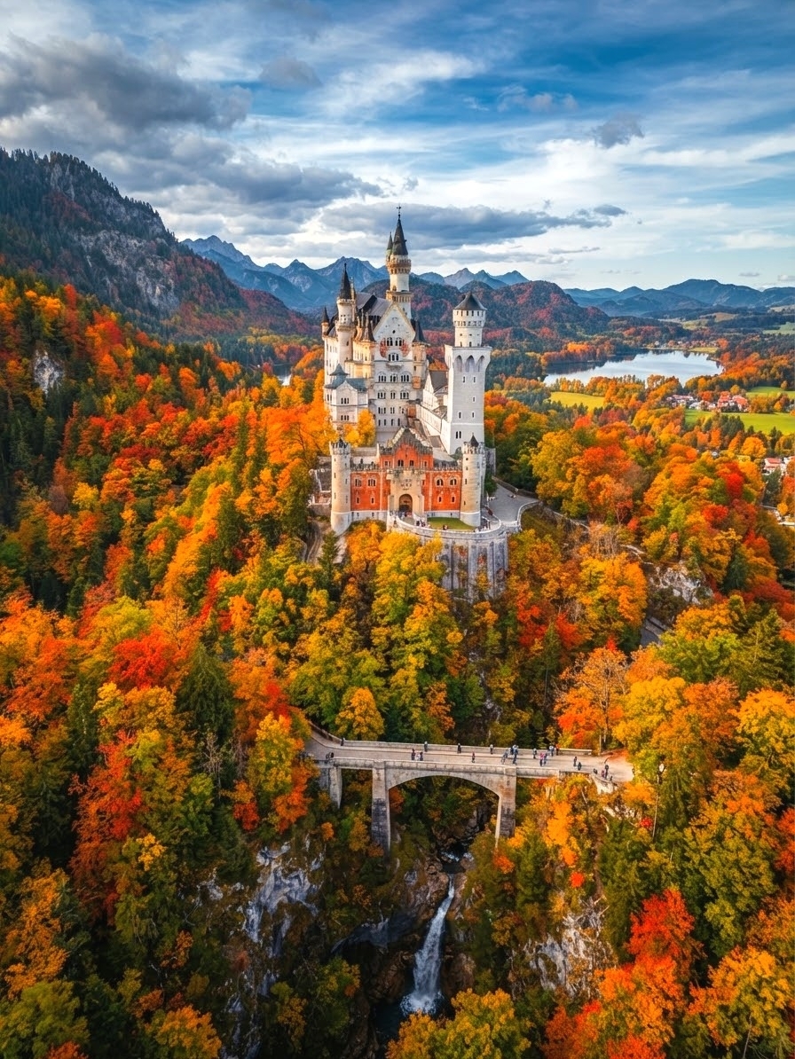 Lâu đài Neuschwanstein, được mệnh danh là vương quốc cổ tích, nằm trên đỉnh vách đá thuộc dãy Alps của Bavaria ở Schwangau. Vào mùa thu, Rừng Đen rực rỡ sắc màu, những chiếc lá vàng và đỏ tương phản tuyệt đẹp với lâu đài, tạo nên một khung cảnh thực sự kỳ diệu. Tháng 9 đến tháng 11 là thời điểm tốt nhất để tham quan, khi lá cây mùa thu rực rỡ nhất.

Lịch trình gợi ý
Địa chỉ Lâu đài Neuschwanstein: Neuschwansteinstrasse 20, 87645 Schwangau, Đức.

Nên đặt vé trước (khoảng 203 HKD) để tránh xếp hàng. Dù đi bằng ô tô hay phương tiện công cộng, vé phải được lấy tại phòng vé ở chân núi. Từ đó, bạn có thể chọn đi bộ (khoảng 40 phút), đi xe buýt hoặc xe ngựa kéo đến lâu đài. Đi bộ đường dài rất được khuyến khích, mang đến tầm nhìn tuyệt đẹp ra cao nguyên và rừng cây dọc đường đi, với nhiều điểm ngắm cảnh nhìn ra hồ và thung lũng – hoàn hảo để dừng lại chụp ảnh.

Những địa điểm chụp ảnh không thể bỏ lỡ

1. Cầu Marienbrücke (Cầu Marien): Địa điểm chụp ảnh nổi tiếng nhất của Lâu đài Neuschwanstein. Từ trên cầu, bạn có thể chiêm ngưỡng toàn cảnh; lâu đài, được bao quanh bởi những tán cây đỏ, cam và vàng vào mùa thu, trông vô cùng đẹp.

2. Ngoại thất Lâu đài và Sân sau: Những góc chụp kinh điển và tuyệt vời, cho phép bạn trải nghiệm vẻ đẹp cổ tích của một lâu đài thời trung cổ.

3. Tour tham quan Lâu đài có hướng dẫn: Tham gia tour có hướng dẫn để vào tòa nhà chính của lâu đài và tham quan các phòng riêng của Ludwig II và các sảnh cung điện (bắt buộc phải có hướng dẫn viên, khoảng 30 phút mỗi nhóm).

Mẹo du lịch

· Hãy nhớ đi vào buổi sáng, đặc biệt là vào mùa cao điểm khi rất đông người. Có thể sẽ có xếp hàng chờ chụp ảnh tại Cầu Marienbrücke đẹp nhất.

· Nhiệt độ mùa thu có thể khó đoán; hãy mang theo áo khoác và đồ đi mưa.

· Thời điểm tốt nhất để chụp ảnh là vào khoảng giữa trưa, khi màu sắc bên ngoài lâu đài rực rỡ hơn dưới ánh nắng mặt trời.

· Gợi ý ăn uống: Thưởng thức ẩm thực và món tráng miệng vùng Bavaria tại thị trấn dưới chân lâu đài.

· Nếu có nhiều thời gian, chúng tôi khuyên bạn nên dành 2-3 giờ để từ từ đắm mình trong không khí hoàng gia và phong cảnh ngoạn mục.

Lưu ý quan trọng

· Đóng cửa vào ngày 24, 25 và 31 tháng 12 hàng năm. Đối với các ngày khác, vui lòng kiểm tra giờ mở cửa theo mùa (Mùa đông: 10:00-16:00; Mùa hè: 09:00-18:00).

· Cầu có thể trơn trượt vào những ngày mưa hoặc sương mù; vui lòng hết sức cẩn thận.

· Không có chỗ giữ hành lý; vui lòng mang ít đồ.

· Không được phép chụp ảnh trong các tour tham quan có hướng dẫn bên trong cầu, nhưng bạn có thể tự do chụp ảnh trên các bệ bên ngoài và cầu Marienbrücke (Cầu Đức Mẹ).

Chủ đề: #RừngĐenMùaThu #DuLịchBavaria #LâuĐàiNeuschwanstein #TourThếGiớiCổTích #TourLâuĐàiChâuÂu