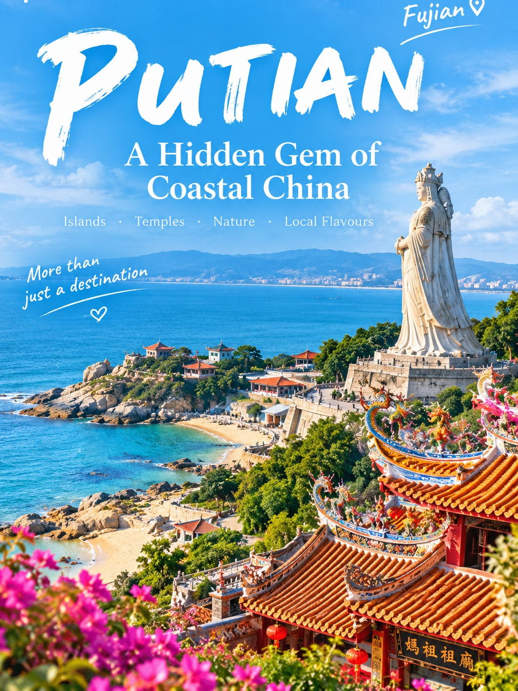 Putian, Fujian: Where Coastal Beauty Meets Timeless Chinese Culture 🇨🇳

Some destinations impress you with famous landmarks. Others leave a lasting impression through their peaceful coastlines, ancient temples and the stories hidden in their streets. Putian (莆田), a charming coastal city in Fujian, China, offers all three — with a cultural soul that makes it truly special.

Often overlooked by travellers visiting China’s more famous cities, Putian is a wonderful destination for those who want to discover a quieter side of the country. Here, the sound of the sea blends with the gentle atmosphere of temple courtyards, while traditional local life unfolds at an unhurried pace.

If you are looking for a destination that combines beautiful scenery, spiritual heritage and authentic Fujian culture, Putian deserves a place on your travel bucket list.

🌊 1. Meizhou Island — Discover the Hometown of Mazu

No trip to Putian is complete without visiting Meizhou Island (湄洲岛), one of the region’s most meaningful cultural and coastal destinations.

Surrounded by the waters of the Taiwan Strait, the island is known for its sandy beaches, dramatic coastal scenery and deep connection to Mazu, the revered Chinese goddess of the sea. For generations, Mazu has represented protection, compassion and hope for fishing communities and people who travel across the ocean. <Cite refs={[“turn551708search0”,“turn551708search5”]}/>

The highlight is the magnificent Mazu Ancestral Temple, where traditional architecture, incense-filled courtyards and devoted visitors create an atmosphere that feels both peaceful and powerful.

Beyond the temple, take time to explore the island’s coastline. Feel the sea breeze, admire the changing shades of blue across the horizon and enjoy the slower rhythm of island life.

Travel moment: Stand by the sea and watch the waves roll towards the shore. It is a simple experience, yet one that captures the quiet beauty of travelling without rushing.

🏯 2. Guanghua Temple — A Peaceful Escape into History

For a different perspective on Putian, visit Guanghua Temple (广化寺), a historic Buddhist temple with a history stretching back more than a thousand years.

Set against a green landscape, the temple is known for its traditional architecture, spacious courtyards and tranquil atmosphere. The elegant roofs, intricate details and ancient religious traditions offer a glimpse into Fujian’s long-standing spiritual heritage. <Cite refs={[“turn551708search2”,“turn551708search3”]}/>

Walk slowly through the grounds, appreciate the craftsmanship and listen to the quiet sounds of the surroundings. Unlike busy commercial attractions, this is a place where you can pause, reflect and enjoy a calmer side of travel.

Remember to dress respectfully and avoid disturbing people who are praying.

🌿 3. Jiuli Lake — Nature’s Hidden Beauty

If you love waterfalls, mountain scenery and refreshing escapes into nature, add Jiuli Lake (九鲤湖) to your itinerary.

Located in Xianyou County within the Putian region, this scenic area is known for its waterfalls, rocky landscapes, green hills and forest surroundings. Water cascading over the rocks creates a beautiful setting for nature lovers and photography enthusiasts. <Cite refs={[“turn551708search6”,“turn551708search8”]}/>

Take your time walking along the paths, stop to enjoy the scenery and capture the contrast between flowing water and lush greenery.

For the best experience, consider visiting after rainfall, when the waterfalls may be more impressive. Wear shoes with good grip, as stone paths can become slippery.

🏮 4. Explore Putian’s Local Streets and Traditional Culture

Beyond its famous attractions, Putian rewards travellers who take time to explore its everyday streets.

Discover traditional Fujian architecture, browse local shops and observe the details that make the city unique. Putian is also known for its traditional woodcarving craftsmanship, reflecting the region’s appreciation for intricate design and artistic heritage. <Cite refs={[“turn551708search9”,“turn551708search11”]}/>

Rather than rushing from one attraction to another, leave some room in your itinerary for spontaneous discoveries. A quiet lane, a traditional shop or a conversation with a local resident can become one of the most memorable parts of your journey.

Sometimes, the best travel experiences are not found on a checklist — they happen when you simply slow down and look around.

🍜 5. Taste the Flavours of Putian

A visit to Putian would not be complete without exploring its local cuisine.

Start with Putian braised noodles (莆田卤面), a comforting regional favourite featuring noodles served with a rich, savoury broth and a combination of ingredients that may include seafood, pork and mushrooms.

Another local speciality is Xinghua rice vermicelli (兴化米粉), delicate rice noodles that can be stir-fried with vegetables, meat or seafood.

As a coastal destination, Putian is also a great place to look for fresh seafood, including oysters, prawns and seasonal catches. Finish your food adventure by sampling local snacks and discovering the flavours enjoyed by residents.

For me, food is one of the most meaningful ways to understand a destination. Every local dish tells a small story about its people, traditions and connection to the land and sea.

📸 6. Why Putian Is Worth Adding to Your China Travel List

What makes Putian special is the variety of experiences it offers without requiring you to rush.

· For culture lovers: Discover the spiritual heritage of Mazu and the history of Guanghua Temple.
· For nature lovers: Enjoy the beaches of Meizhou Island and the waterfalls of Jiuli Lake.
· For photography enthusiasts: Capture temple rooftops, coastal horizons, mountain scenery and traditional streets.
· For food lovers: Explore Fujian flavours, local noodles and fresh seafood.
· For slow travellers: Enjoy a destination where cultural discovery and quiet moments can be part of the same journey.

Putian is not simply a place to visit. It is a place to experience through its landscapes, traditions and everyday rhythms.

🧳 Travel Tips for Visiting Putian

How to get there: Putian has a high-speed railway station, making it convenient to reach by train from other cities in Fujian. Travellers arriving by air can consider nearby Fuzhou or Xiamen and continue by ground transport.

How long to stay: Allow around two days for a relaxed introduction to the city and Meizhou Island. Add another day if you want to explore Jiuli Lake without rushing.

Best way to explore: Combine taxis or local transport with walking. Plan Meizhou Island as a separate day because you will need to travel to the ferry terminal and cross to the island.

What to bring: Comfortable walking shoes, sun protection and a camera. Check the weather and ferry arrangements before travelling to the island.

A thoughtful tip: If you prefer a quieter atmosphere, avoid major pilgrimage periods when Meizhou Island can become particularly busy.

❤️ Final Thoughts: Let Putian Surprise You

My favourite kind of destination is one that offers more than beautiful photographs — a place where every experience helps you understand its character a little better.

Putian brings together the blue waters of Meizhou Island, the peaceful presence of ancient temples, the natural beauty of waterfalls and the comforting flavours of Fujian cuisine. It is a destination where culture and nature complement each other, creating a travel experience that feels both meaningful and refreshing.

If your next China adventure takes you to Fujian, look beyond the famous cities and give Putian a chance.

You might arrive for the scenery, but leave with a deeper appreciation for its traditions, its people and the quiet beauty of discovering somewhere new.

Save Putian for your next Fujian journey — sometimes, the most memorable destinations are the ones you least expect. ✨

#Putian #FujianTravel #ChinaTravel #MeizhouIsland #MazuCulture #GuanghuaTemple #JiuliLake #TravelChina #HiddenGems #CulturalTravel #NatureEscape #TravelInspiration