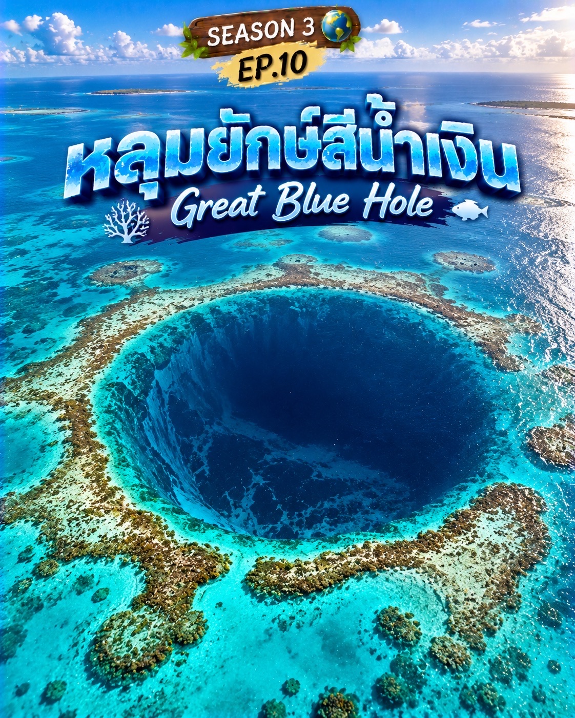 🌊 หลุมยักษ์สีน้ำเงิน (Great Blue Hole) ปริศนาหลุมดำขนาดมหึมากลางมหาสมุทร! 🇧🇿

คุณเชื่อไหมว่า…กลางทะเลสีฟ้าใสของโลกเรามี “หลุมยักษ์สีน้ำเงินเข้ม” รูปร่างเกือบเป็นวงกลมสมบูรณ์แบบ ซ่อนอยู่ใต้ผิวน้ำ ราวกับมีใครเจาะรูขนาดมหึมาลงไปในมหาสมุทร! 😱🌊

ที่นี่คือ เกรตบลูโฮล (Great Blue Hole) ตั้งอยู่บริเวณแนวปะการังไลต์เฮาส์รีฟ (Lighthouse Reef) นอกชายฝั่งประเทศเบลีซ ในทะเลแคริบเบียน 🇧🇿

เมื่อมองจากมุมสูง จะเห็นวงกลมสีน้ำเงินเข้มขนาดมหึมา ตัดกับน้ำทะเลสีฟ้าเทอร์ควอยซ์รอบ ๆ จนดูเหมือนประตูทางเข้าสู่อีกโลกหนึ่ง!

🌀 ทำไมกลางทะเลถึงมีหลุมขนาดใหญ่แบบนี้?

ความจริงแล้ว…หลุมแห่งนี้ไม่ได้เกิดจากอุกกาบาต และไม่ใช่ร่องรอยของยานมนุษย์ต่างดาว!

นักวิทยาศาสตร์อธิบายว่า Great Blue Hole เป็นหลุมยุบใต้น้ำที่เกิดจากกระบวนการทางธรณีวิทยา

ในอดีต เมื่อระดับน้ำทะเลต่ำกว่าปัจจุบัน พื้นที่แห่งนี้เคยเป็นแผ่นดินที่มีถ้ำหินปูนอยู่ใต้พื้นดิน

น้ำฝนค่อย ๆ ละลายหินปูนจนเกิดโพรงถ้ำขนาดใหญ่ ก่อนที่บางส่วนของโครงสร้างถ้ำจะพังทลายลง

เมื่อระดับน้ำทะเลสูงขึ้นในเวลาต่อมา น้ำทะเลจึงท่วมพื้นที่และกลายเป็นหลุมสีน้ำเงินขนาดมหึมาที่เราเห็นในปัจจุบัน!

📏 แล้วหลุมแห่งนี้ใหญ่ขนาดไหน?

😲 Great Blue Hole มีขนาดที่น่าทึ่งมาก!

🔵 เส้นผ่านศูนย์กลางประมาณ 300 เมตร

🌊 ความลึกประมาณ 124 เมตร

🪨 ภายในมีหินงอกหินย้อยจากถ้ำโบราณ ซึ่งเป็นหลักฐานว่าบริเวณนี้เคยอยู่เหนือระดับน้ำทะเลมาก่อน

ลองจินตนาการถึงหลุมที่กว้างเกือบเท่าสนามฟุตบอล 3 สนามเรียงต่อกัน และลึกเทียบเท่าตึกหลายสิบชั้น!

🤿 แล้วใต้หลุมยักษ์มีอะไรซ่อนอยู่?

บริเวณส่วนบนของ Great Blue Hole เป็นแหล่งอาศัยของสิ่งมีชีวิตทางทะเลหลายชนิด รวมถึงปลาฉลามบางชนิด

แต่เมื่อดำลึกลงไป สภาพแวดล้อมจะเปลี่ยนไปอย่างมาก

ในบริเวณน้ำลึกบางชั้นมีออกซิเจนต่ำมากหรือแทบไม่มีออกซิเจน ทำให้สิ่งมีชีวิตส่วนใหญ่ไม่สามารถอาศัยอยู่ได้

😱 แต่เรื่องที่น่าทึ่งที่สุดคือ…

ภายใน Great Blue Hole มีหินงอกหินย้อยขนาดใหญ่ที่ก่อตัวขึ้นในช่วงที่ถ้ำยังแห้ง!

เพราะหินงอกหินย้อยลักษณะนี้เกิดจากน้ำหยดภายในถ้ำที่มีอากาศ ไม่ใช่การก่อตัวในทะเลลึก

จึงเป็นหลักฐานสำคัญที่ช่วยให้นักวิทยาศาสตร์ศึกษาการเปลี่ยนแปลงของระดับน้ำทะเลและสภาพภูมิอากาศในอดีตได้

🌍 รู้ไหมว่า…

Great Blue Hole ตั้งอยู่ภายในระบบแนวปะการังเบลีซ (Belize Barrier Reef Reserve System) ซึ่งได้รับการขึ้นทะเบียนเป็นมรดกโลกโดย UNESCO ในปี 1996

ปัจจุบันสถานที่แห่งนี้กลายเป็นหนึ่งในจุดดำน้ำที่มีชื่อเสียงระดับโลก แต่การดำน้ำลึกภายในหลุมมีความเสี่ยงสูงและเหมาะสำหรับนักดำน้ำที่มีประสบการณ์พร้อมการดูแลอย่างเหมาะสม

✨ จากหลุมสีน้ำเงินที่ดูเหมือนปริศนาเหนือธรรมชาติ กลับกลายเป็นหลักฐานที่บันทึกประวัติศาสตร์ของโลกเอาไว้นานนับพันปี!

ธรรมชาติไม่ได้สร้างเพียงสิ่งสวยงามให้เราได้ชม แต่ยังซ่อนเรื่องราวของโลกในอดีตไว้ใต้มหาสมุทรอีกด้วย! 💙

💬 ถ้าคุณได้ไปเยือน Great Blue Hole คุณอยาก นั่งเครื่องบินชมหลุมยักษ์จากมุมสูง ✈️ หรือดำน้ำสำรวจโลกใต้น้ำ 🤿 มากกว่ากัน?

#GreatBlueHole #Belize #ปรากฏการณ์ธรรมชาติ #AmazingNature