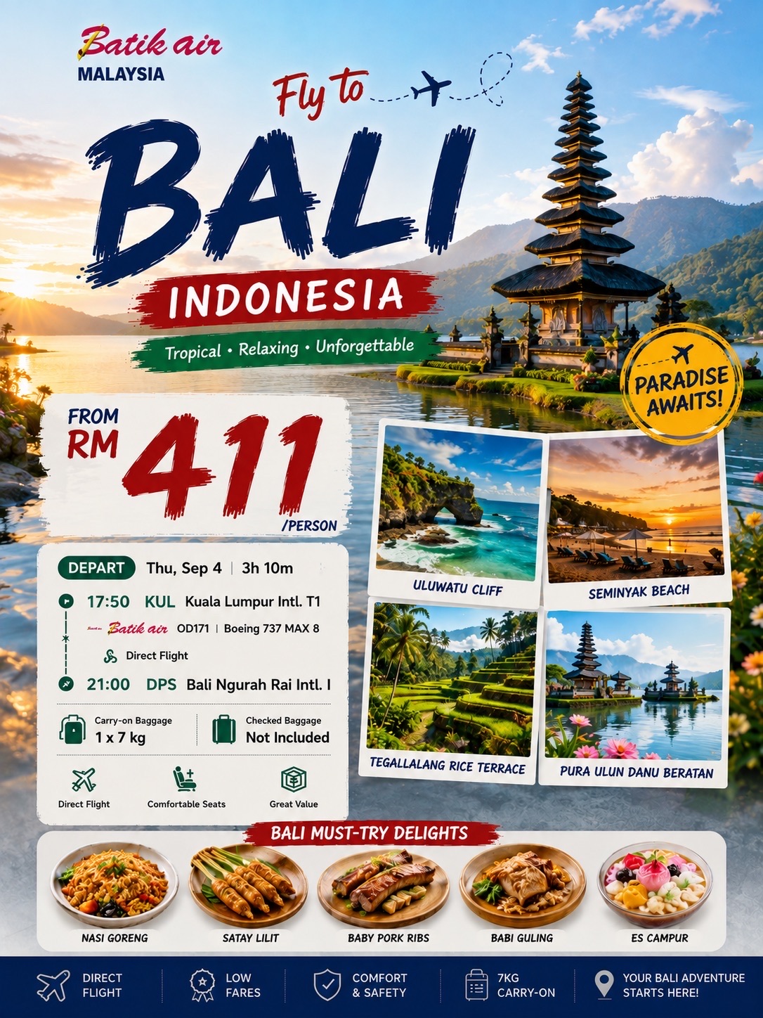 
Lagi mau liburan ke Bali? Urusan tiket pesawat sekarang makin gampang, apalagi ada banyak penerbangan langsung dari Kuala Lumpur ke Bali.

Buat perjalanan kali ini, saya dapat tiket Batik Air Malaysia langsung dari Kuala Lumpur (KUL) ke Bandara Internasional Ngurah Rai (DPS) cuma sekitar RM411 per orang.

✈️ Detail Penerbangan

Rute: Kuala Lumpur (KUL) → Bali (DPS)
Maskapai: Batik Air Malaysia
Jenis Penerbangan: Langsung (Direct)
Harga: Mulai dari RM411 / orang
Bagasi: 1 × 7kg bagasi kabin
Periode Terbang: September

Durasi terbangnya cuma sekitar 3 jam, jadi Bali itu pilihan yang pas banget buat short getaway dari Malaysia. Nggak perlu transit lama-lama atau habis waktu seharian di jalan—begitu sampai Bali, bisa langsung cus jalan-jalan!

🌴 Kenapa Harus September

September itu waktu yang oke banget buat ke Bali. Cuacanya umumnya cerah, pas buat main ke pantai, keliling tempat wisata, atau nonton sunset. Plus, suasana pulaunya agak lebih santai dibanding waktu peak season.

📍 Setelah Mendarat di Bali

Dari Bandara Ngurah Rai, kamu bisa gampang banget lanjut ke daerah populer kayak Kuta, Seminyak, Canggu, Jimbaran, atau Uluwatu.

Kalau kamu mau menginap di daerah Ubud, pastiin buat kasih waktu lebih di jalan karena macetnya Bali lumayan menantang. Buat yang baru pertama kali ke sini, saran saya pilih hotel di daerah yang memang mau dikunjungi, daripada satu hotel buat keliling seluruh pulau.

💡 Tips dari Saya

Kalau nemu harga tiket langsung (pulang-pergi atau sekali jalan) sekitar RM400-an, cek lagi jatah bagasi dan harga akhirnya sebelum bayar. Harga termurah biasanya cuma buat bagasi kabin, jadi kalau mau tambah bagasi check-in, harganya pasti berubah.

Buat liburan pantai yang singkat dan seru, Bali tetap jadi destinasi favorit yang selalu masuk daftar promo tiket saya! ✈️🌴