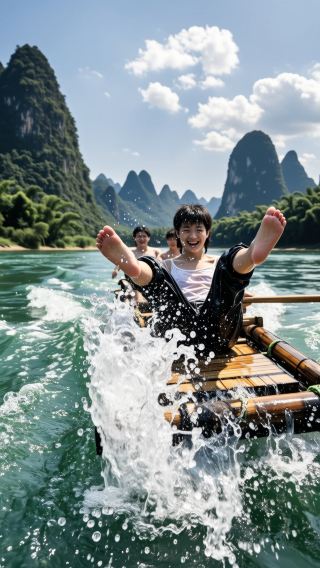 Thought Guilin's landscape was "my parents' generation's aesthetic," but I looked beautiful sitting on a bamboo raft