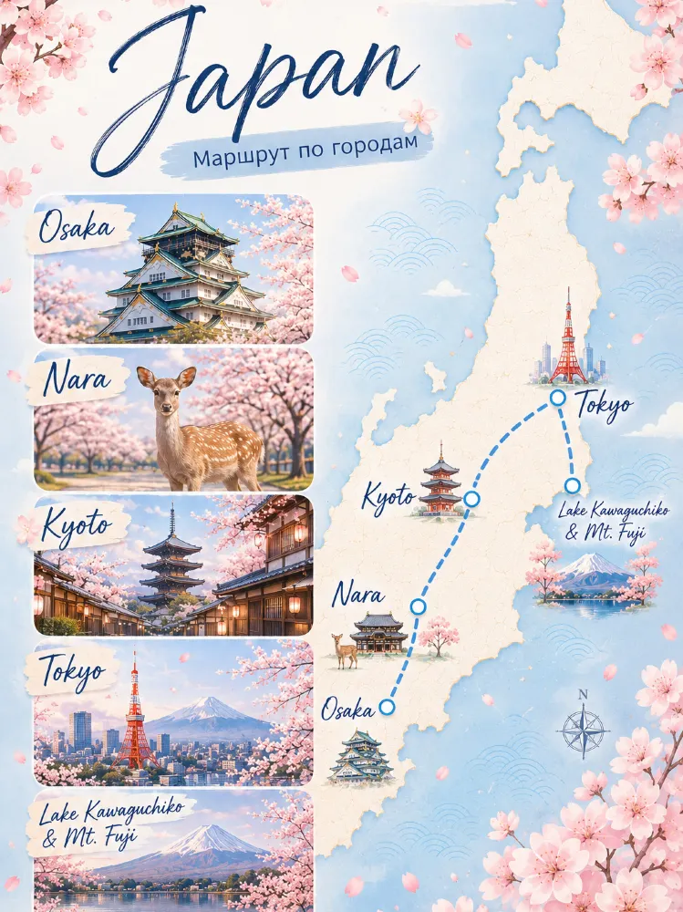 🇯🇵 日本で最も便利なルートの一つ：大阪 - 奈良 - 京都 - 東京 - 富士
