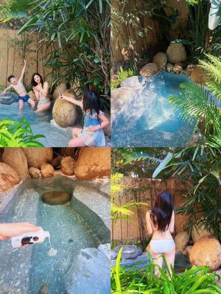 Enjoy a private hot spring bath in the courtyard with your kids! The Southeast Asian style is like stepping back into Chiang Mai.