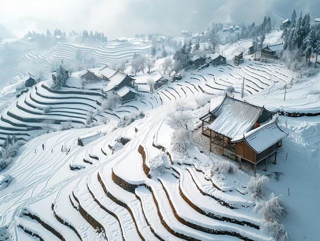 航拍視角下的從江縣梯田冬雪奇觀！