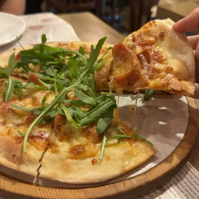 Tsuen Wan Western Cuisine: Mushroom & Spicy Italian Sausage Pizza, Pan-fried Halibut with Spinach Cream Sauce over Angel Hair Pasta