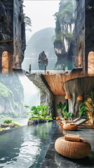 Наслаждайтесь потрясающими пейзажами! Огромные окна от пола до потолка создают естественный фон для вида на горы и туманные облака.