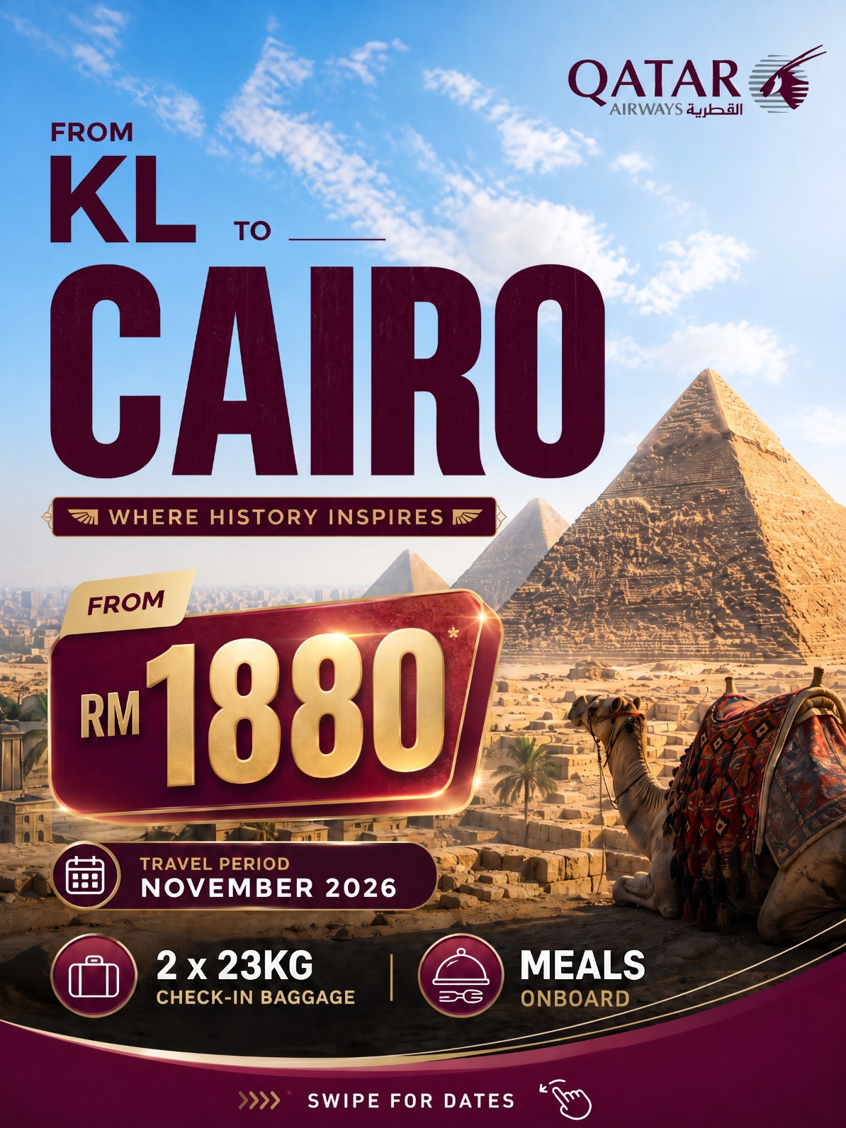 RM1880 to Egypt; Score Major Savings with Qatar Airways’ Epic Kuala Lumpur to Cairo 🇪🇬✨