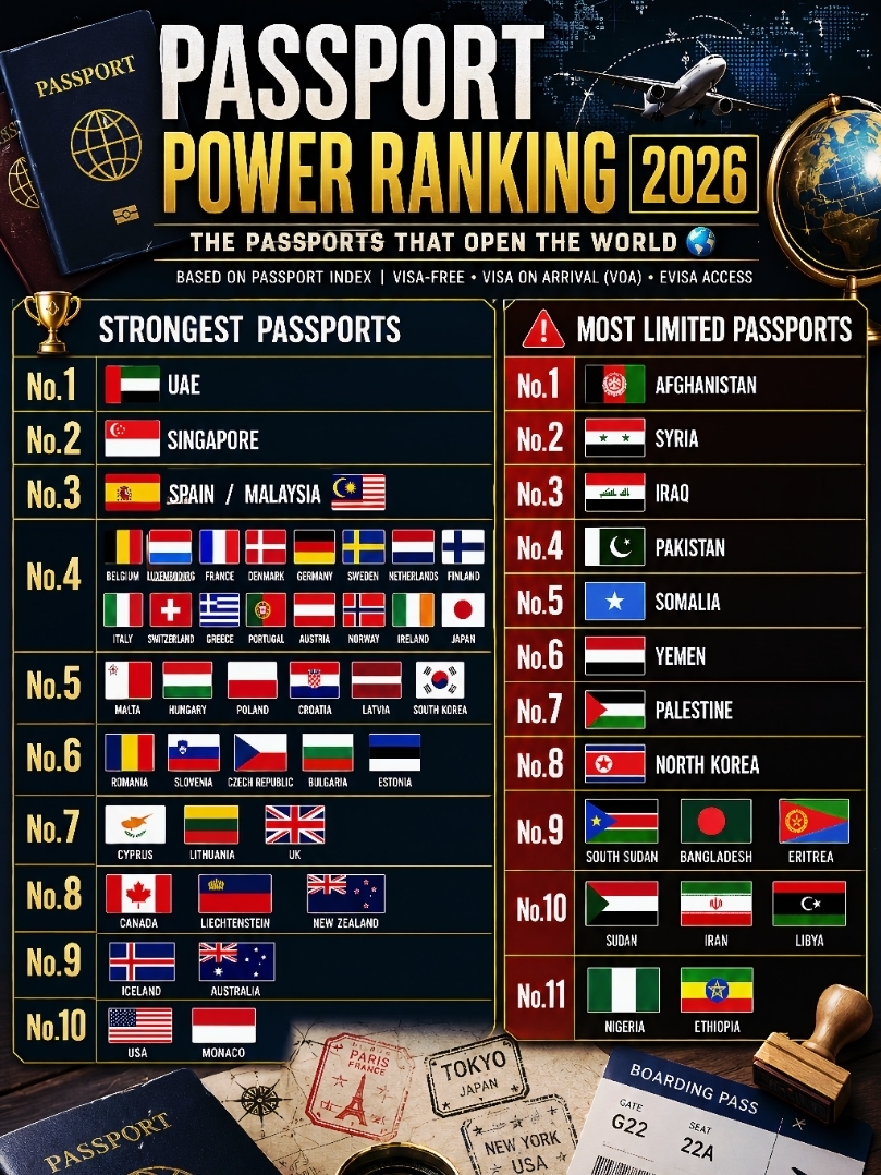 The World’s Passport Power Ranking 2026

Sometimes we all dream of exploring the world…

Walking through Europe’s historic streets,
experiencing Japan’s beautiful seasons,
or discovering the hidden islands of Asia.

But starting a journey is not only about flight tickets and travel budgets.

The passport in your hand can also decide how freely you can explore the world. 🌍

A passport is more than just a travel document.

It is a key that opens the doors to new countries, cultures, and unforgettable experiences.

According to Passport Index, based on Visa-Free, Visa on Arrival (VOA), and eVisa access, here is the Passport Power Ranking:

🌟 The World’s Most Powerful Passports

🥇 No.1 🇦🇪 UAE Passport
🥈 No.2 🇸🇬 Singapore Passport
🥉 No.3 🇪🇸 Spain / 🇲🇾 Malaysia Passport

⭐ No.4 🇧🇪 Belgium, 🇱🇺 Luxembourg, 🇫🇷 France, 🇩🇰 Denmark, 🇩🇪 Germany, 🇸🇪 Sweden, 🇳🇱 Netherlands, 🇫🇮 Finland, 🇮🇹 Italy, 🇨🇭 Switzerland, 🇬🇷 Greece, 🇵🇹 Portugal, 🇦🇹 Austria, 🇳🇴 Norway, 🇮🇪 Ireland, 🇯🇵 Japan

⭐ No.5 🇲🇹 Malta, 🇭🇺 Hungary, 🇵🇱 Poland, 🇭🇷 Croatia, 🇱🇻 Latvia, 🇰🇷 South Korea

⭐ No.6 🇷🇴 Romania, 🇸🇮 Slovenia, 🇨🇿 Czech Republic, 🇧🇬 Bulgaria, 🇪🇪 Estonia

⭐ No.7 🇨🇾 Cyprus, 🇱🇹 Lithuania, 🇬🇧 United Kingdom

⭐ No.8 🇨🇦 Canada, 🇱🇮 Liechtenstein, 🇳🇿 New Zealand

⭐ No.9 🇮🇸 Iceland, 🇦🇺 Australia

⭐ No.10 🇺🇸 USA, 🇲🇨 Monaco

🌍 The Most Restricted Passports

Some passports face more travel barriers due to visa restrictions and limited global mobility.

🥇 🇦🇫 Afghanistan
🥈 🇸🇾 Syria
🥉 🇮🇶 Iraq

4️⃣ 🇵🇰 Pakistan

5️⃣ 🇸🇴 Somalia

6️⃣ 🇾🇪 Yemen

7️⃣ 🇵🇸 Palestine

8️⃣ 🇰🇵 North Korea

9️⃣ 🇸🇸 South Sudan / 🇧🇩 Bangladesh / 🇪🇷 Eritrea

🔟 🇸🇩 Sudan / 🇮🇷 Iran / 🇱🇾 Libya

11️⃣ 🇳🇬 Nigeria / 🇪🇹 Ethiopia

At the end of the day…

A passport is not just a document.

It carries our dreams, our destinations, and the places we hope to discover someday. ✈️

If you could choose any passport in the world…
Which passport would you choose? 🌍

#PassportPower #PassportIndex #TravelFreedom #VisaFreeTravel
#WorldTravel #TravelInspiration
#TravelFacts #ExploreTheWorld
#DreamToTravel #BucketList
#TripcomCreator #Wanderlust