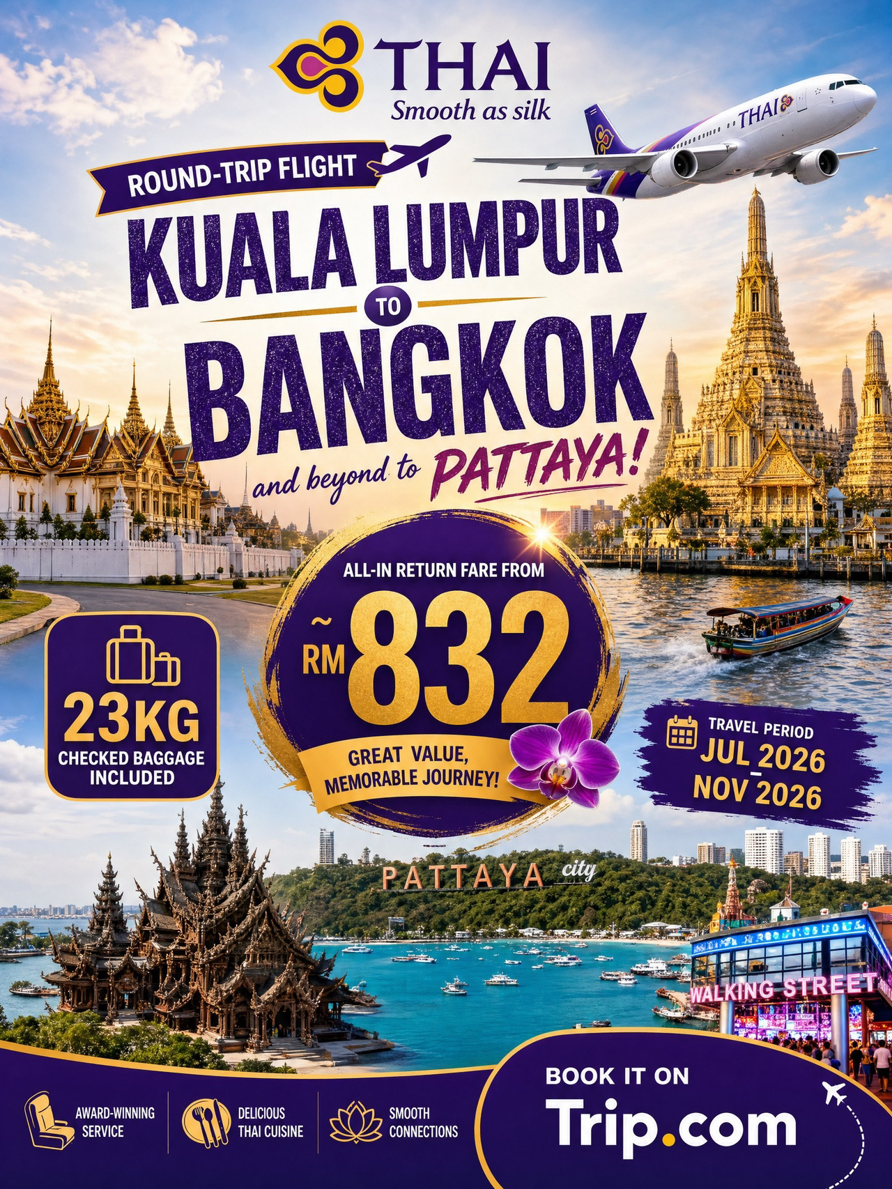 🇹🇭 Baru nemu promo tiket pesawat ke Bangkok yang lumayan oke nih, jadi mau sharing ke kalian.

Thai Airways lagi ada promo tiket pulang pergi dari Kuala Lumpur ke Bangkok mulai dari RM832. Buat ukuran maskapai full-service, harga segini termasuk terjangkau banget.

Harganya sudah include:

✈️ Bagasi check-in 23kg
🎒 Bagasi kabin 7kg
🍽️ Layanan full-service di pesawat lengkap dengan makanan

Periode terbang yang tersedia dari Juli sampai November 2026.

Bangkok itu destinasi yang selalu asyik buat dikunjungi, entah itu buat wisata kuliner, belanja, keliling kuil, cafe-hopping, atau sekadar short escape pas weekend. Kalau punya waktu lebih, kalian juga bisa lanjut jalan-jalan ke Pattaya atau daerah lain di Thailand.

Menurutku promo ini worth it banget buat yang lagi plan liburan ke Thailand. Tiket full-service dengan harga segini nggak muncul tiap hari, jadi buruan cek kalau tanggalnya pas! 🇹🇭✈️