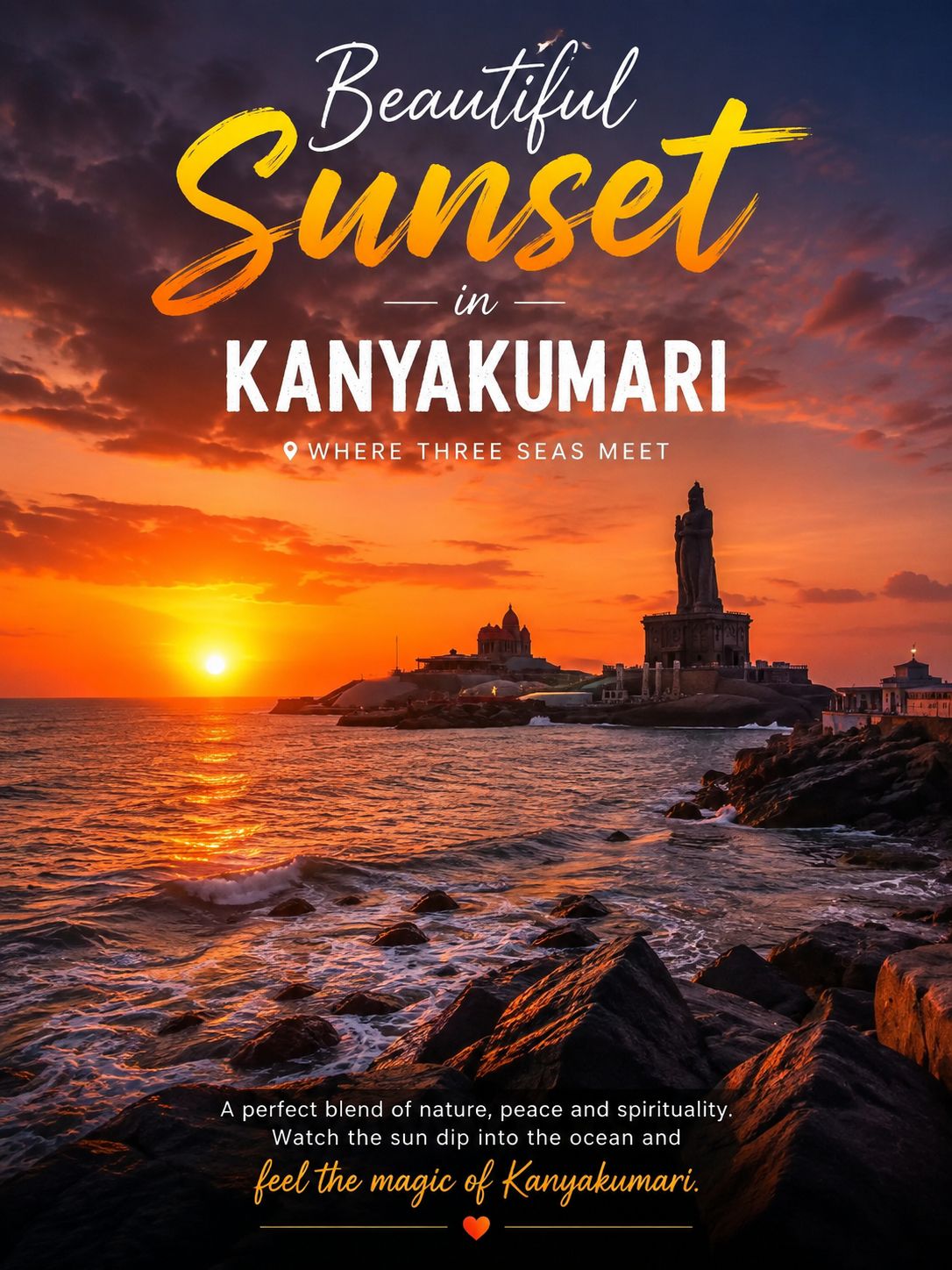 #sunsetplaces 
Beautiful Sunset in Kanyakumari 🌅

Where three seas meet, the sunset feels truly magical. Kanyakumari is one of the most beautiful places in India to watch the sun slowly disappear beyond the horizon, painting the sky with shades of orange, gold, pink, and purple.

Standing by the coastline and watching the waves reflect the evening colours creates a peaceful and unforgettable experience. The iconic Vivekananda Rock Memorial and the vast ocean make the sunset view even more spectacular.

📍 Best Experience: Visit the Kanyakumari coastline in the evening, find a clear viewpoint, and enjoy the changing colours of the sky as the sun sets over the Arabian Sea.

✨ Kanyakumari Sunset — where the sky meets the sea and every evening becomes a memory.

#kanyakumari  #sunset  #tamilnadu  #incredibleindia  #travelindia  #beachsunset  #travelphotography  #indiatravel  #surmaiduniya 