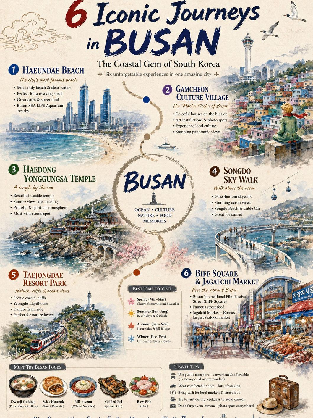 Title: 6 Iconic Places You Shouldn’t Miss in Busan 🇰🇷🌊

Busan is South Korea’s vibrant coastal city, where stunning beaches, colorful villages, breathtaking temples, and delicious seafood all come together. If it’s your first visit, these are the six iconic places I highly recommend adding to your itinerary.

🏖️ 1. Haeundae Beach

Start your trip at Busan’s most famous beach. Enjoy a relaxing walk along the coastline, try local street food, visit SEA LIFE Busan Aquarium, or simply sit back and admire the ocean views.

🎨 2. Gamcheon Culture Village

Known as the “Machu Picchu of Busan,” this colorful hillside village is filled with narrow alleyways, vibrant murals, cafés, art galleries, and panoramic viewpoints. Every corner is picture-perfect.

🏯 3. Haedong Yonggungsa Temple

Unlike most Korean temples hidden in the mountains, this beautiful Buddhist temple sits dramatically on the rocky coastline overlooking the sea. The ocean views and peaceful atmosphere make it one of Busan’s most unforgettable landmarks.

🌊 4. Songdo Skywalk

Take a walk over the ocean on this glass-bottom skywalk and enjoy spectacular coastal scenery. If you have time, don’t miss the Songdo Marine Cable Car, which offers even more incredible views of Busan’s coastline.

🚂 5. Taejongdae Resort Park

A paradise for nature lovers, featuring dramatic cliffs, walking trails, a lighthouse, and stunning sea views. You can also ride the Danubi Train to explore the park comfortably.

🦀 6. BIFF Square & Jagalchi Market

Experience Busan’s lively city atmosphere at BIFF Square, famous for its street food and movie history, before heading to Jagalchi Market, Korea’s largest seafood market, where you can enjoy freshly prepared seafood.

🍜 Must-Try Busan Foods

🍲 Dwaeji Gukbap (Pork Soup with Rice)
🥞 Ssiat Hotteok (Sweet Seed Pancake)
🍜 Mil-myeon (Busan Wheat Noodles)
🐟 Grilled Eel
🦑 Fresh Raw Seafood (Hoe)

🌸 Best Time to Visit

🌸 Spring (March–May): Cherry blossoms and pleasant weather
☀️ Summer (June–August): Beach season and festivals
🍁 Autumn (September–November): Cool weather and colorful foliage
❄️ Winter (December–February): Crisp air and fewer crowds

💡 Travel Tips

🚄 Take the KTX from Seoul—it’s fast, comfortable, and offers beautiful scenery along the way.
🚇 Use Busan’s metro and buses to easily reach all major attractions.
👟 Wear comfortable shoes because many attractions involve walking.
📸 Don’t forget your camera—Busan is one of South Korea’s most photogenic cities.

Busan is a city where mountains meet the sea, history blends with modern life, and every destination offers a unique experience. Whether you’re visiting for three days or a week, these six iconic places will show you the very best of Korea’s coastal gem.

#busan #southkorea #haeundaebeach #gamcheonculturevillagege #haedongyonggungsa #songdoskywalk #taejongdae #biffsquare #jagalchimarket #koreatravel #travelmoments