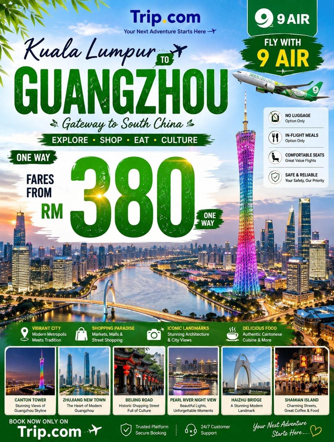 🇨🇳 KUALA LUMPUR → GUANGZHOU MULAI DARI RM380 SEKALI JALAN! ✈️
💰 SEKALI JALAN MULAI RM380
✈️ 9 Air — Penerbangan Langsung
📍 Kuala Lumpur (KUL) → Guangzhou (CAN)
🧳 Belum termasuk bagasi — tersedia opsi tambahan bagasi

Lagi cari liburan murah ke China? 🇨🇳 Guangzhou adalah destinasi impian buat kamu yang mau ngerasain perpaduan kehidupan kota modern, budaya tradisional Tiongkok, kuliner Kanton yang juara, belanja sepuasnya, sampai pemandangan malam yang estetik.
🌆 Awali petualanganmu dengan mengunjungi Canton Tower yang ikonik dan lihat kemegahan skyline Guangzhou. Pas malam hari, kamu bisa jalan-jalan santai di sepanjang Pearl River atau naik kapal pesiar buat menikmati city lights.
🏮 Buat pecinta sejarah dan budaya, wajib mampir ke Chen Clan Ancestral Hall, kelilingi Shamian Island, dan temukan sisi otentik Guangzhou lewat bangunan bersejarah, kuil, dan kawasan lokalnya.
🛍️ Buat yang hobi belanja, Beijing Road Pedestrian Street jangan sampai lolos! Mulai dari toko lokal, street market, sampai mall modern, semuanya ada di sini.
🥢 Dan pastinya, Guangzhou itu surganya makanan! Jangan pulang sebelum nyobain menu khas Kanton favorit kayak Har Gow, Char Siu, Cheung Fun, Angsa Panggang, Claypot Rice, dan Mi Wonton.
📸 Mau jalan-jalan santai, belanja borongan, wisata kuliner, hunting foto, atau cuma sekadar short escape, Guangzhou punya semuanya buat setiap tipe pelancong.
✈️ DETAIL PERJALANAN
🇲🇾 Kuala Lumpur → Guangzhou
💰 Mulai RM380 SEKALI JALAN
✈️ 9 Air
🛫 Penerbangan langsung
🧳 Belum termasuk bagasi — tersedia opsi tambahan
Dari gemerlap Canton Tower sampai arsitektur klasik Kanton, pasar yang ramai, dan makanan lokal yang lezat — Guangzhou kasih kamu segalanya dalam satu perjalanan. 🇨🇳✨
Yuk, packing sekarang dan jelajahi Guangzhou! ✈️🏮🥢
2026
