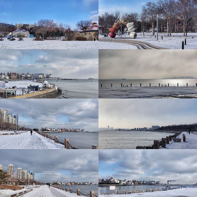 冬日清晨，在海邊虞美人廣場踏雪