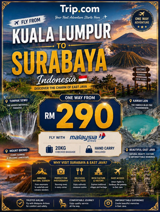 ✈️ Kuala Lumpur → Surabaya from RM290 One Way 🇮🇩🌋
Looking for an affordable getaway with a perfect mix of city exploration, amazing food and breathtaking natural scenery? Surabaya is a great starting point for discovering East Java — and with fares starting from just RM290 one way, this trip is definitely worth considering. ✨
Fly from Kuala Lumpur to Surabaya with Malaysia Airlines and enjoy a more comfortable journey with 20kg checked baggage plus hand carry included. Whether you’re travelling light or bringing home souvenirs, having checked baggage included makes the trip even more convenient. 🧳✈️
Once you arrive in Surabaya, there’s plenty to explore. The city itself offers a fascinating combination of modern Indonesia, historic neighbourhoods, local markets and cultural attractions. Take your time wandering around the city, discovering local landmarks and experiencing the everyday atmosphere of East Java.
But the real adventure begins when you venture beyond Surabaya. 🌋🏔️
One of the biggest highlights is Mount Bromo, famous for its dramatic volcanic landscape and spectacular sunrise views. Watching the sun rise over the misty mountains, with Mount Bromo standing among the surrounding volcanic scenery, is an experience that deserves a place on every traveller’s bucket list.
For nature lovers, Tumpak Sewu Waterfall is another incredible destination. Surrounded by lush green cliffs and tropical landscapes, the waterfall creates an unforgettable view that feels almost unreal. 📸🌿💦
Then there’s Kawah Ijen, famous for its turquoise volcanic crater and unique natural landscape. The journey to Ijen can be an adventure itself, but the scenery at the top makes it worthwhile. 🌋💙
And of course, no trip to Surabaya and East Java would be complete without exploring the local food scene. 🍜🍗 From rawon, rujak cingur and lontong balap to soto ayam, tahu campur and East Javanese-style dishes, there are plenty of flavours to discover. Don't forget to try local snacks and Indonesian drinks along the way.
What makes this trip even better is that you can combine city sightseeing + Indonesian cuisine + waterfalls + mountains + volcanoes into one adventure. You can spend your first few days exploring Surabaya before continuing towards the spectacular natural attractions around East Java.
📍 Kuala Lumpur → Surabaya
💰 From RM290 One Way
✈️ Malaysia Airlines
🧳 20kg Checked Baggage + Hand Carry
🌋 Mount Bromo
💦 Tumpak Sewu Waterfall
💙 Kawah Ijen
🍜 Authentic East Javanese Cuisine
📸 Nature, Culture & Adventure
Whether you’re looking for a short city escape, a food adventure or a proper East Java road trip filled with mountains and waterfalls, Surabaya makes an excellent gateway.
✨ From RM290 one way, your East Java adventure can start here. 🇮🇩🌋
Explore the city, taste the local flavours and chase some of Indonesia’s most incredible landscapes.