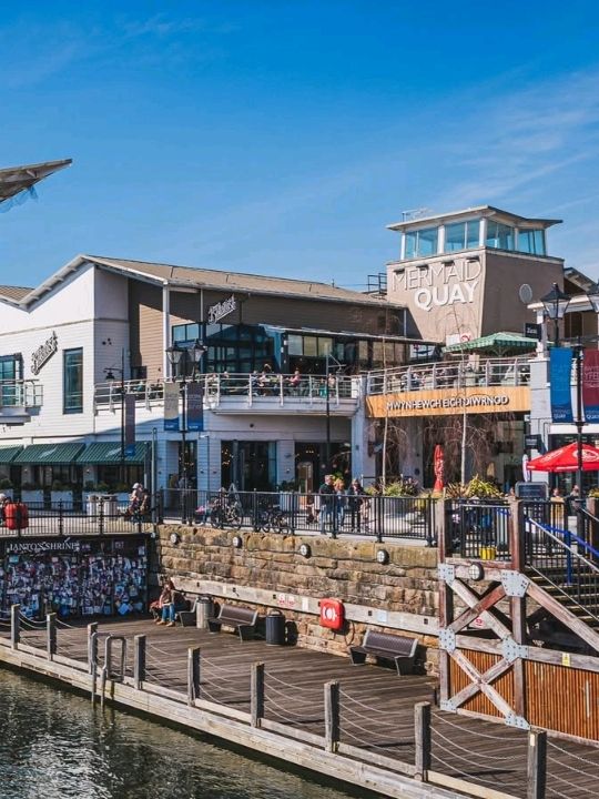 Walking around Mermaid Quay and enjoying beautiful scenery over the bay, plenty of shops to pop into