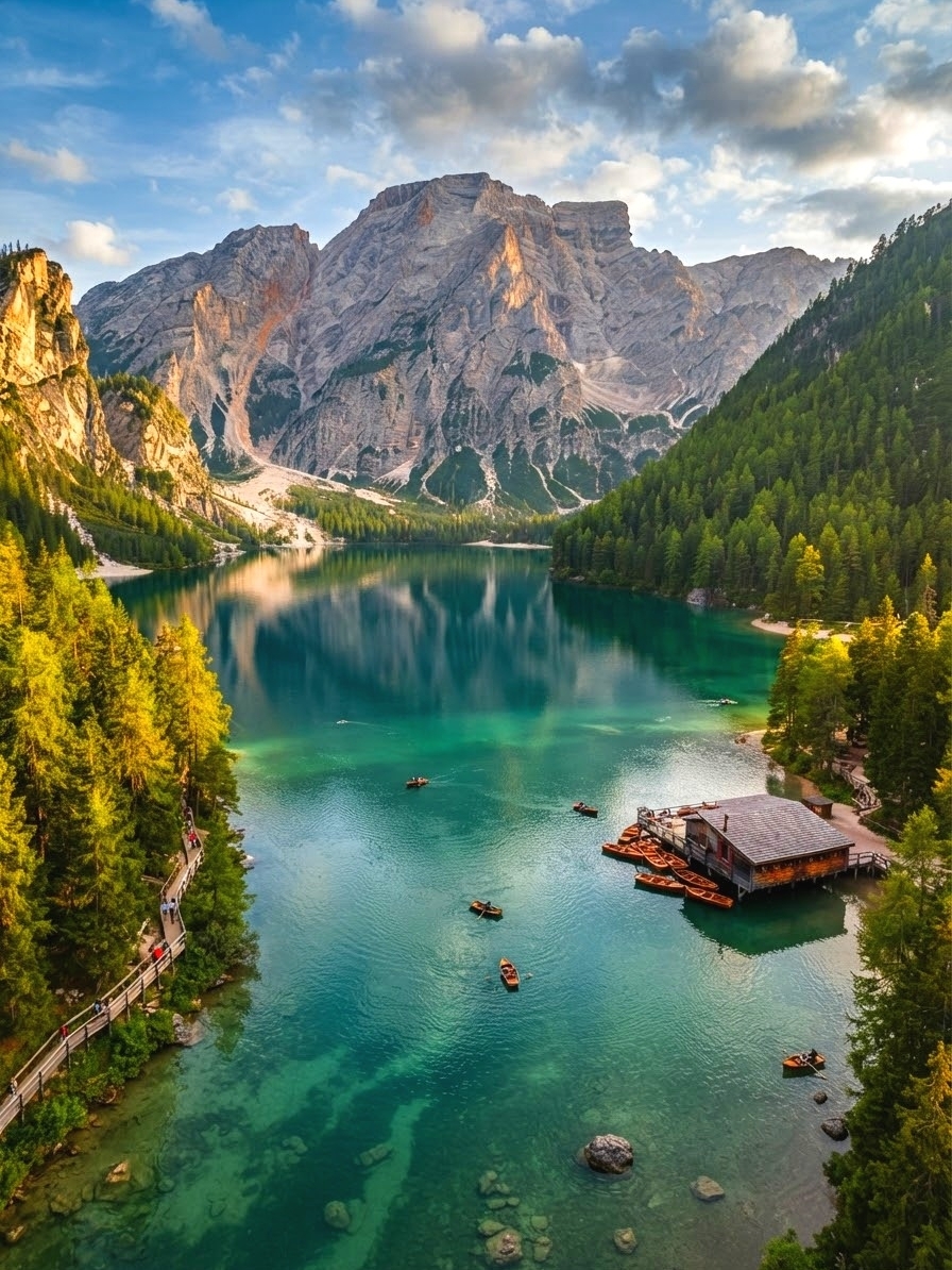 Nằm ở miền bắc Italy, dãy Dolomites được biết đến là một trong những cảnh quan núi cao hùng vĩ nhất thế giới, bao gồm những đỉnh núi đá vôi ngoạn mục, đặc biệt là hồ Brayes (Pragser Wildsee), với làn nước hồ trong xanh và hình ảnh phản chiếu của những ngọn núi, tựa như một thế giới cổ tích. Cho dù bạn yêu thích nhiếp ảnh, leo núi hay chỉ đơn giản là đi dạo và cảm nhận vẻ đẹp thiên nhiên, nơi đây chắc chắn sẽ làm bạn hài lòng.

Các tuyến đường tham quan & Mẹo:
Nên đến thăm hồ Brayes vào sáng sớm hoặc lúc hoàng hôn, khi đó lượng khách du lịch ít hơn và khung cảnh đặc biệt tuyệt vời, mặt trời chiếu sáng trên hồ và núi, tạo nên những sắc màu vô cùng quyến rũ. Từ Rocapietore, mất khoảng một giờ lái xe dọc theo con đường núi đến hồ. Nếu bạn không có nhiều kinh nghiệm đi bộ đường dài, bạn có thể đi bộ chậm rãi dọc theo con đường mòn ven hồ, mất khoảng 1,5 giờ.

Những điều không thể bỏ qua:
1. Đi bộ quanh hồ: Đi bộ quanh hồ và tận hưởng núi và hồ từ mọi góc độ.

2. Chèo thuyền trên hồ: Vào những tháng hè, bạn có thể thuê một chiếc thuyền nhỏ để thư giãn dạo quanh hồ và chụp những bức ảnh đẹp như tranh bưu thiếp.

3. Leo núi: Những người muốn leo núi có thể bắt đầu từ hồ và khám phá các tuyến đường leo núi xung quanh, chẳng hạn như đến Seekofel/Croda del Becco, nhưng cần có trang thiết bị và sức bền phù hợp.

Những điểm tham quan nổi bật:
· Nhà thuyền bằng gỗ ở giữa hồ với hình ảnh phản chiếu của núi non
· Bãi biển nhỏ cát trắng tinh khôi bên hồ rất lý tưởng để ngồi thư giãn và chụp những bức ảnh đẹp như tranh vẽ
· Tầm nhìn núi non từ nhiều đoạn đường mòn, giúp bạn ghi lại vẻ đẹp hùng vĩ của thiên nhiên bất cứ lúc nào

Lưu ý:
1. Khu vực ven hồ không cần vé vào cửa, nhưng mùa cao điểm (hè và thu) rất đông đúc, nên bạn nên đi sớm, lý tưởng nhất là trước 8 giờ sáng.

2. Thời tiết trên núi hay thay đổi, hãy nhớ mang theo áo khoác chống gió và chuẩn bị thức ăn khô và nước uống đơn giản. 3. Hãy chú ý đến các quy tắc bảo tồn hồ, không tổ chức dã ngoại, nướng thịt hoặc cho động vật ăn, hãy cùng nhau trân trọng kho báu thiên nhiên này.

Cho dù bạn đam mê nhiếp ảnh, du lịch gia đình hay thư giãn cùng bạn bè, khung cảnh hồ Brayes trên núi cao sẽ mang đến cho bạn những kỷ niệm chụp ảnh khó quên!

Chủ đề: #Dolomites #Hồ Brajes #HồTrênNúiCao #ĐiểmNhiếpẢnhNóng #ĐịaĐiểmDuLịchTựNhiênÝ