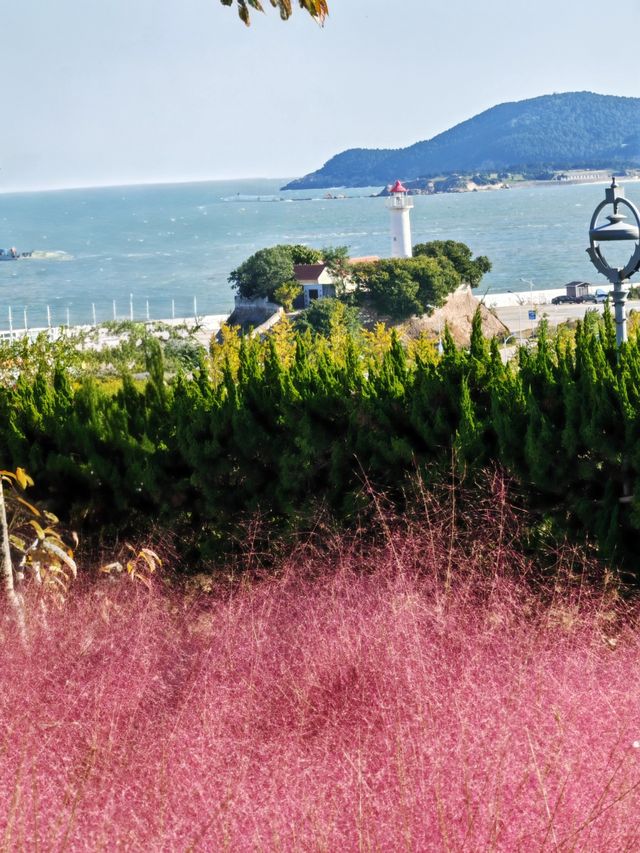 在粉紅疊翠中遠眺劉公島
