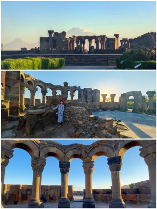 亞美尼亞在廢墟的夕陽中看雪山