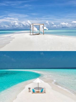 ทิวทัศน์ท้องฟ้าและทะเลจากเกาะมิไลดูอันเงียบสงบและหรูหราในมัลดีฟส์