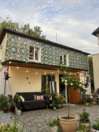 A courtyard in Kazan with coffee, table tennis, and mosaics