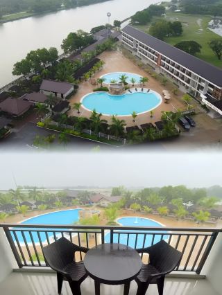 The pool outside the hotel is beautiful.