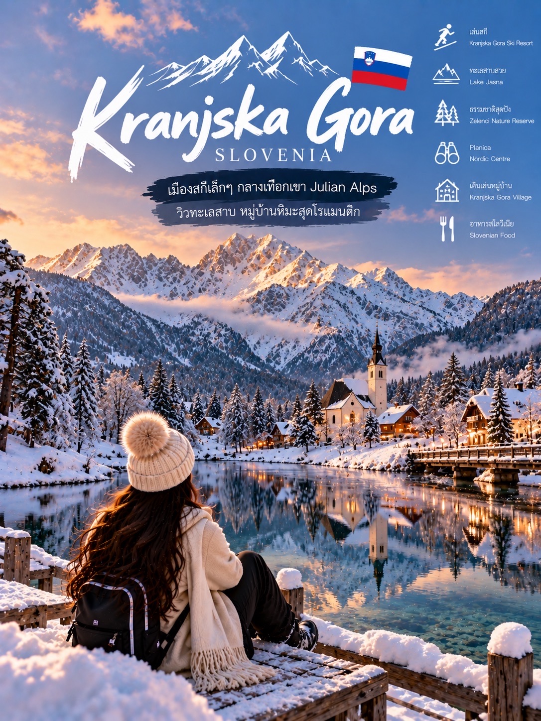 ⛷️Kranjska Gora, Slovenia 🇸🇮

เมืองสกีเล็กๆ กลางเทือกเขา Julian Alps วิวทะเลสาบ + หมู่บ้านหิมะสุดโรแมนติก ❄️🏔️

ที่ต่อไปพาไป Kranjska Gora ประเทศสโลวีเนีย ค่ะ 🤍 รอบนี้ได้บรรยากาศต่างจาก Gudauri เพราะเป็นเมืองสกีเล็กๆ ที่มีทั้งภูเขา Julian Alps ป่าสน ทะเลสาบ และหมู่บ้านสไตล์ Alpine เหมาะกับสายเที่ยวที่อยากเล่นสกีควบคู่กับถ่ายรูปสวยๆ

⛷️ เล่นสกีวิว Julian Alps
ลานสกีอยู่ใกล้ตัวเมืองมาก มีเส้นทางหลายระดับ โดยเฉพาะมือใหม่สามารถเริ่มได้ค่อนข้างสบาย ระหว่างเล่นจะเห็นแนวภูเขาหิมะเป็นฉากหลัง

💙 Lake Jasna
หนึ่งในมุมสวยที่สุดของทริป อยู่ไม่ไกลจากตัวเมือง ช่วงฤดูหนาวรอบทะเลสาบจะเต็มไปด้วยหิมะ พร้อมวิวภูเขาสะท้อนบนผิวน้ำในวันที่อากาศดี

🏔️ Zelenci Nature Reserve
อีกจุดที่ควรแวะคือพื้นที่ธรรมชาติ Zelenci ซึ่งมีน้ำสีเขียวอมฟ้า รายล้อมด้วยป่าสนและภูเขา ยิ่งมีหิมะยิ่งดูเหมือนฉากในนิทาน

🏘️ เดินเล่น Kranjska Gora Village
ช่วงเย็นกลับมาเดินในหมู่บ้าน มีบ้านหลังคาหิมะ ร้านอาหาร คาเฟ่ และไฟสีส้มตามถนน บรรยากาศ Cozy มากค่ะ ✨

⛷️ แวะ Planica Nordic Centre
พื้นที่ใกล้เคียงที่มีชื่อเสียงเรื่องกีฬาฤดูหนาวและ Ski Jumping ฉากหลังเป็นภูเขาสูงของ Julian Alps เหมาะกับการแวะเที่ยวและถ่ายภาพ

☕ Mountain Café & Slovenian Food
พักจากอากาศหนาวด้วยกาแฟหรือช็อกโกแลตร้อน แล้วลองอาหารสโลวีเนียในร้านไม้เล็กๆ กลางเมือง ฟีล Alpine เต็มๆ

🌅 Golden Hour ที่ Lake Jasna
ถ้ามีเวลา แนะนำกลับมาบริเวณทะเลสาบช่วงเย็น แสงสีทอง–ชมพูตกกระทบภูเขาหิมะและผิวน้ำ เป็นหนึ่งในช่วงที่ถ่ายรูปสวยที่สุดของวัน

Kranjska Gora เหมาะกับคนที่อยากได้ทริปสกีแบบไม่เร่งรีบ ได้ครบทั้ง Julian Alps, Lake Jasna, ป่าสน หมู่บ้าน Alpine และธรรมชาติสวยๆ ในทริปเดียว 🇸🇮🤍

#KranjskaGora #Slovenia #JulianAlps #เที่ยวเล่นสกี