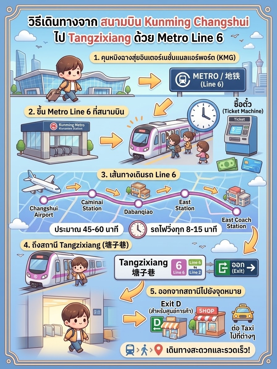 🚞: Getting to Kunming City Center from Changshui Airport via Metro Line 6

💵: 6 CNY

📝: Instructions
1. At the airport, look for the Metro 🚇 signs.
2. Follow the signs for Metro 🚇 Line 6.
3. Purchase your ticket at the vending machine by selecting your destination station.
4. Enter the Metro Line 6 station; this is the dedicated Airport Metro Line heading into Kunming.
5. Board the Metro 🚇 Line 6 train and ride to your destination. It's both convenient and affordable.

📍: China, Yunnan, Kunming, Guandu District, Changshui Village Postal Code: 650209