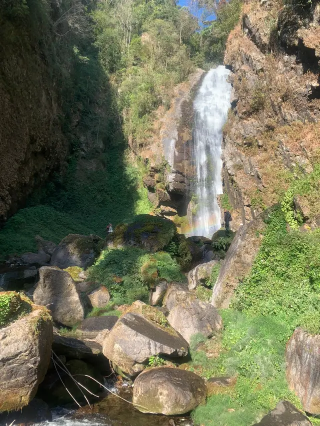 Encountered a beautiful hot spring waterfall while hiking in the secret realm of Gaoligong Mountain in Tengchong, Yunnan