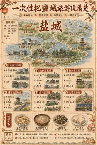 盐城2日間1泊の旅程｜海塩文化、湿地のヘラジカ、水辺の街の夜景