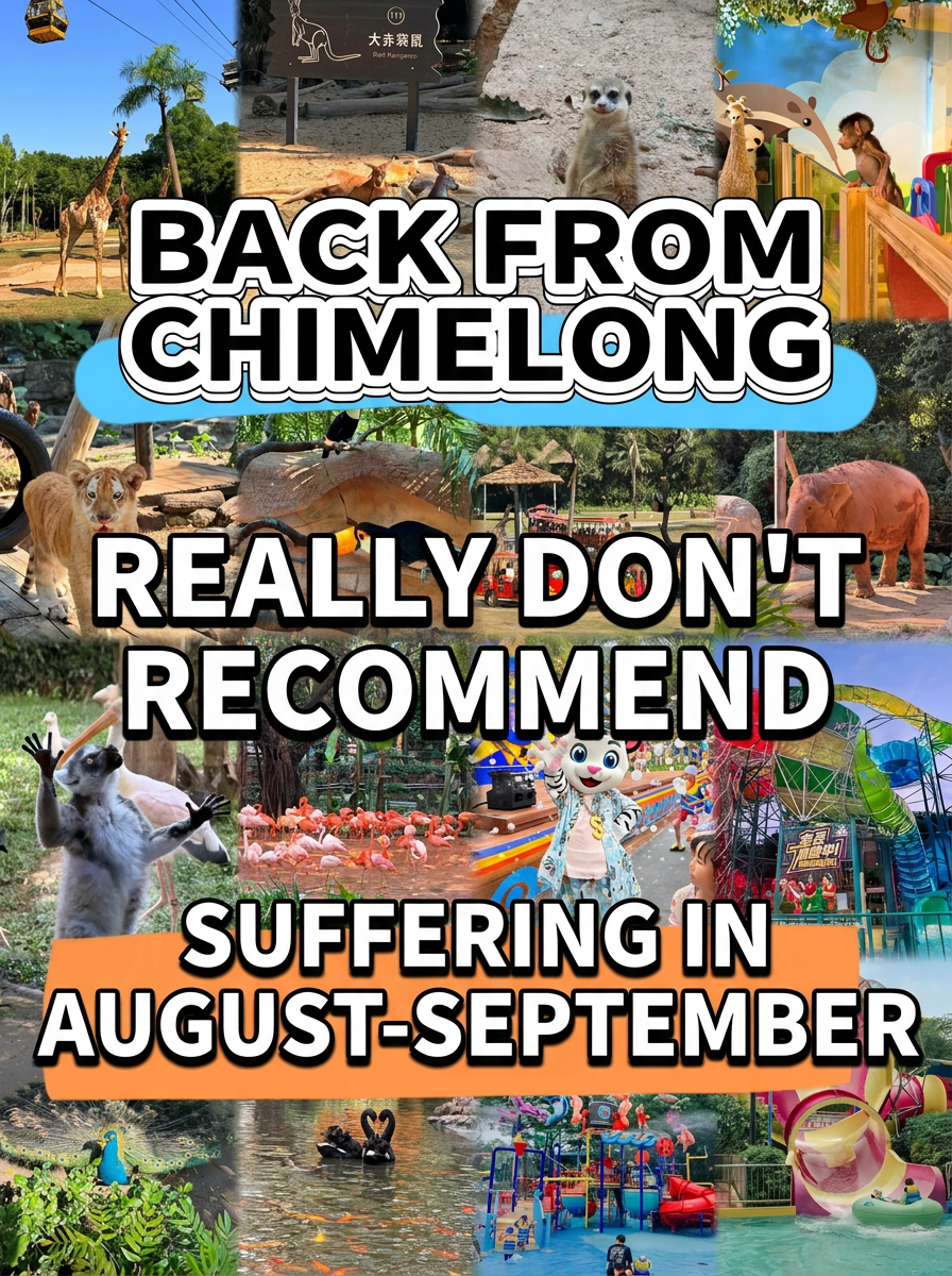 I just returned from Chimelong in Guangzhou!
Honestly, the scenery, attractions, and atmosphere are all excellent.
But visiting Chimelong in August–September is pure torment.
Those who rush in without doing their research will most likely end up hot, tired, and wasting money on bad experiences!
If you're planning to visit Chimelong at the end of summer, read this to avoid pitfalls.

———

❌ Why I absolutely do not recommend visiting Chimelong in August–September? These are all painful truths.

1. Weather lottery! Double whammy of scorching sun + random downpours.

Guangzhou in August–September is a full-on steam oven.
Daytime temperatures are 35℃+ with scorching sun, feeling like 40 degrees.
Walk a few steps and you'll be drenched, makeup ruined, and dizzy from heatstroke.
No amount of sunscreen helps; the UV rays are extremely toxic!

The most torturous part is the random weather changes.
One moment it's sunny, the next it's a torrential downpour.
Waiting in line while soaked, temporary ride closures, canceled parades.
Your itinerary will be completely ruined, and your mood will hit rock bottom💦

2. Peak typhoon season! Park closures and stranded visitors at any time.

August–September is peak typhoon season in South China every year.
Once a warning is issued, the entire park will temporarily close.
Tickets are non-refundable, itineraries can't be changed, and hotel bookings are wasted.
Many people travel long distances only to find themselves making a wasted trip!

3. Huge crowds at the end of summer vacation! Endless queues.

Don't believe "fewer people at the end of August"!
Families and students flock to visit at the end of the holiday.
Popular roller coasters, mini trains, and cable cars have queues starting from 1–2 hours.
An entire day is spent waiting in lines.
You'll only get to experience a few attractions, essentially just standing in the sun.

4. Park prices double, a definite rip-off season.

Peak summer season means inflated prices across the board.
Bottled water costs 8 CNY, cola 12 CNY, ice cream starts from 25 CNY.
A simple meal costs 60–100 CNY per person, offering extremely poor value.
Raincoats, mosquito repellent, and small fans are essential items, and the park directly doubles their prices.

5. Animals are in poor condition, reducing the viewing experience.

High temperatures, stuffiness, and frequent showers.
Most animals hide indoors to escape the heat and don't come out.
Outdoor exhibition areas are empty.
The pandas, koalas, and big cats you want to see are very inactive.
Photos are all obscured by tree shade, greatly diminishing the viewing experience.

· ——

✅ But don't give up entirely! Here are self-rescue tips for August–September.

If you don't want to make a wasted trip and suffer, you must follow these rules.
You can still enjoy Chimelong comfortably!

✔️ Visit during off-peak hours! Enter early, play late.
Rush in right when the park opens at 8:30 AM.
Temperatures are lower in the morning, there are fewer people, and lines move fastest.
From 11:30 AM–3:00 PM, definitely stay indoors.
Escape the heat in animal houses, theaters, and air-conditioned restaurants.
When temperatures drop in the evening, head back to outdoor attractions, watch the parade, and enjoy the night fireworks.

✔️ Must-have survival gear.
High-SPF sunscreen, ice sleeves, handheld fan, umbrella/raincoat, mosquito repellent.
Spare tissues, wet wipes, hydrating spray.
Bring all cooling equipment you can!

✔️ Bring your own snacks to save money.
Chimelong allows sealed snacks and water.
Prepare dry food in advance to save a lot on park meal expenses.

✔️ Don't blindly buy express passes.
You won't need them in the morning when there are fewer people.
If lines are severe in the afternoon, buy them as needed to save money and avoid waste.

· ——

⚠️ Ultimate tips to avoid pitfalls for August–September travel.

1. Prioritize visiting on weekdays; weekend crowds double.

2. Before departing, check for typhoon and heavy rain warnings to avoid extreme weather.

3. Do not wear dark or tight clothing; the entire trip will be hot and uncomfortable.

4. Wear the softest flat shoes! You'll walk an average of 20,000 steps daily.

5. If you want to see animals, choose an overcast day; if you want to enjoy attractions, choose a sunny morning.

💛 Final honest words.

Chimelong is beautiful and fun.
But it's truly not suitable for unprepared visitors in August–September.

High temperatures, heavy rain, typhoons, massive crowds, inflated prices.
Any one of these can ruin your entire trip.

If you don't want to spend money to suffer, or be exhausted to the point of collapse,
you must plan your off-peak strategy before you go!
 