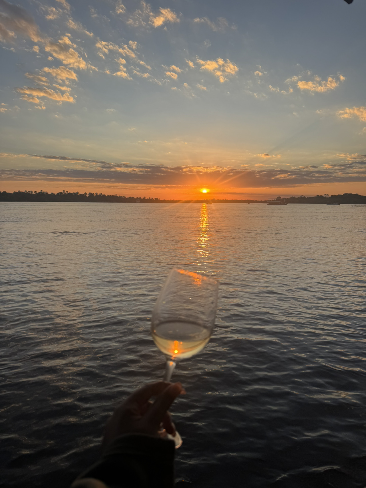 Saya rasa kita semua pantas menikmati pemandangan matahari terbenam yang indah saat kita menyusuri sungai terbesar ke-4 di dunia 🐘🐊🦛 Sungai Zambezi yang perkasa 🥂