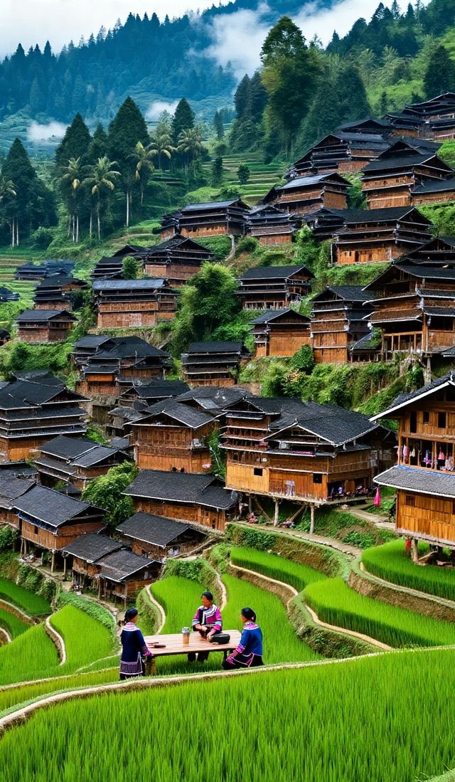 層層疊疊的田壟如天梯般蜿蜒山間，吊腳木樓隱現於雲霧中如仙境