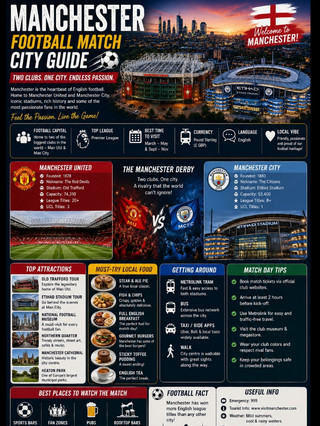 #footballmatchcityguide 
    🏴 Fifa World Cup 2026 Manchester – The Ultimate Football Match City Guide ⚽🏟️

Manchester is one of the greatest football cities in the world. Home to two global football giants—Manchester United and Manchester City—the city offers an unforgettable experience for every football fan. From iconic stadiums to passionate supporters, every match day is filled with excitement and history.

Whether you're visiting Old Trafford or the Etihad Stadium, Manchester is a bucket-list destination for football lovers.

🌟 Why Football Fans Love Manchester

🏟️ Visit Old Trafford – "The Theatre of Dreams"
🏟️ Experience the modern Etihad Stadium
🔴 Home of Manchester United
🔵 Home of Manchester City
🏆 Watch Premier League and UEFA Champions League matches
🎉 Incredible football atmosphere all year round

🚇 Getting Around

🚋 Metrolink Tram – Fastest way to reach both stadiums
🚌 City Bus – Affordable and extensive network
🚖 Taxi & Ride Apps – Available across the city
🚶 Walk around the city centre and football districts

📍 Top Attractions

🏟️ Old Trafford Stadium Tour
🏟️ Etihad Stadium Tour
🏛️ National Football Museum
🎭 Manchester Cathedral
🛍️ Northern Quarter
🌳 Heaton Park

🍽️ Must-Try Local Food

🥧 Steak & Ale Pie
🐟 Fish & Chips
🍔 Gourmet Burgers
🥓 Full English Breakfast
🍮 Sticky Toffee Pudding
☕ English Tea

💡 Match Day Tips

✔️ Book match tickets through official club websites
✔️ Arrive at least 2 hours before kickoff
✔️ Use the Metrolink to avoid traffic
✔️ Visit the club museum and megastore
✔️ Wear your club colors and enjoy the electric atmosphere

Manchester is more than just a football city—it's a place where football history, legendary rivalries, passionate fans, and unforgettable match-day experiences come together. Every football fan should visit Manchester at least once.

Feel the Passion. Live the Game. Welcome to Manchester! 🏴⚽

.#manchester  #england  #manchesterunited  #manchestercity  #oldtrafford  #etihadstadium  #premierleague  #football  #championsleague  #footballtravel  #visitmanchester  #sportstourism  #footballfans    #travel2026 