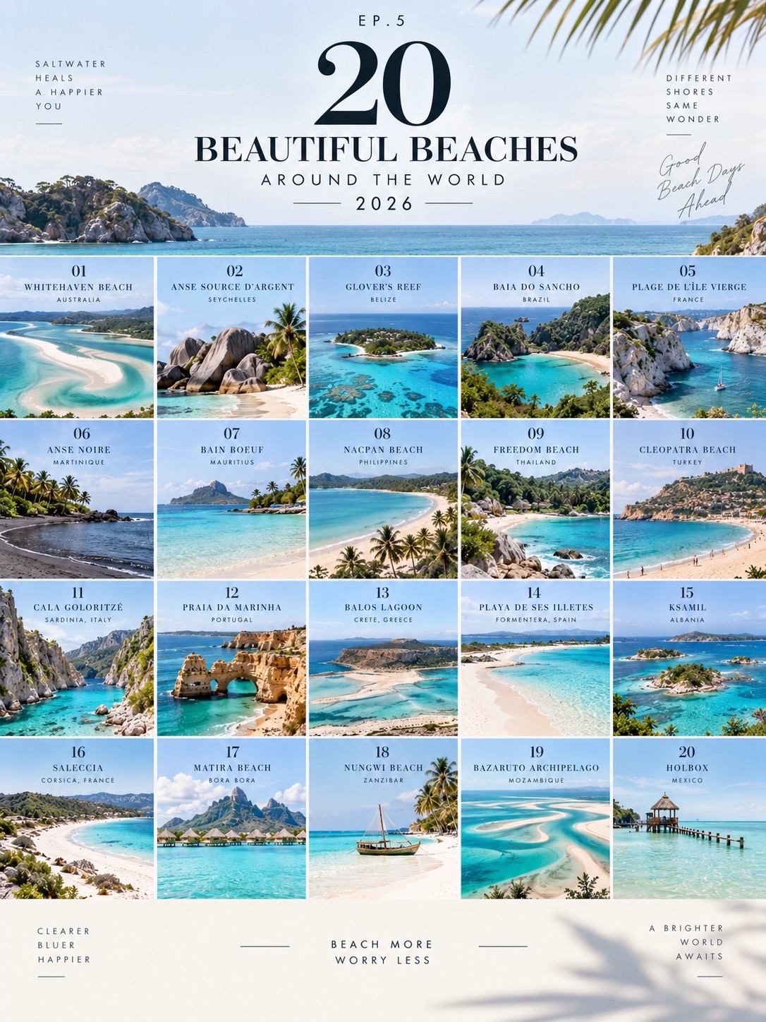 🏖️ 20 Bãi biển Tuyệt đẹp Trên Thế giới 2026

Từ làn nước trong xanh ngọc lam và cát trắng đến những bờ biển vách đá và phong cảnh thiên nhiên ngoạn mục 🌊
Được biên soạn dành cho những ai muốn chiêm ngưỡng cảnh đẹp • bơi lội • lặn ngắm san hô • lặn biển • và du lịch chậm rãi.

🇦🇺 01 Bãi biển Whitehaven | Úc
Cát silica trắng mịn + nước biển trong xanh ngọc lam
🤍 Điểm nổi bật bao gồm tầm nhìn ra Quần đảo Whitsunday và Rạn san hô Great Barrier.

🇸🇨 02 Anse Source d’Argent | Seychelles
Những tảng đá granit lớn + nước biển màu ngọc lam
🌴 Nằm trên đảo La Digue.

🇧🇿 03 Rạn san hô Glover | Belize
Rạn san hô, nước trong vắt và một thế giới dưới nước.

🤿 Hoàn hảo cho lặn ngắm san hô và lặn biển.

🇧🇷 04 Vịnh Baia do Sancho | Brazil
Một vịnh nước màu ngọc lam được bao quanh bởi những vách đá và phong cảnh thiên nhiên tuyệt đẹp.

🌊 Nằm trên đảo Fernando de Sancho. Noronha

🇫🇷 05 Bãi biển Plage de l’Île Vierge | Pháp
Một bãi biển nhỏ nép mình giữa những vách đá.

🥾 Hoàn hảo cho những ai yêu thích những bờ biển có phong cảnh đẹp.

🇲🇶 06 Anse Noire | Martinique
Bãi biển cát đen tương phản với nước trong vắt.

🐠 Không khí yên tĩnh và lý tưởng cho việc lặn biển ngắm san hô.

🇲🇺 07 Bain Boeuf | Mauritius
Bãi biển cát trắng, nước màu ngọc lam và tầm nhìn ra các hòn đảo phía bắc.

🌴 Hoàn hảo cho một ngày thư giãn trên bãi biển.

🇵🇭 08 Bãi biển Nacpan | Philippines
Bãi biển cát dài + nước màu ngọc lam.

🌅 Điểm nổi bật là tầm nhìn bờ biển rộng lớn và tự nhiên.

🇹🇭 09 Bãi biển Tự do | Thái Lan
Một vịnh nhỏ được bao quanh bởi những ngọn đồi và cây xanh tươi tốt.

🌴 Nằm gần Phuket. Thích hợp cho những ai muốn một bầu không khí yên tĩnh hơn so với các khu vực bãi biển chính.

🇹🇷 10 Bãi biển Cleopatra | Thổ Nhĩ Kỳ
Cát mịn + nước biển Địa Trung Hải
🏛️ Nằm ở Alanya, gần núi và các di tích lịch sử.

🇮🇹 11 Cala Goloritzé | Sardinia, Ý
Vách đá vôi cao + biển xanh trong vắt
🥾 Có thể đi bộ đường dài hoặc đi thuyền.

🇵🇹 12 Praia da Marinha | Bồ Đào Nha
Vách đá vàng và vịnh trong vắt
📸 Một trong những bờ biển đẹp nhất ở Algarve.

🇬🇷 13 Đầm phá Balos | Crete, Hy Lạp
Đầm phá nhiều sắc xanh + cát trắng
💙 Quang cảnh tuyệt đẹp từ điểm quan sát trên cao trước khi xuống bãi biển.

🇪🇸 14 Bãi biển Ses Illetes | Formentera, Tây Ban Nha
Nước biển trong vắt và bãi cát trắng
☀️ Hoàn hảo cho du lịch biển thư thái.

🇦🇱 15 Ksamil | Albania
Nước biển trong xanh như pha lê + những hòn đảo nhỏ gần bờ biển
🌊 Hoàn hảo cho việc khám phá các đảo

🇫🇷 16 Saleccia | Corsica, Pháp
Bãi biển cát trắng dài được bao quanh bởi thiên nhiên
🏕️ Hoàn hảo cho những người yêu thiên nhiên và muốn trốn khỏi cuộc sống thường nhật

🇵🇫 17 Bãi biển Matira | Bora Bora
Nước biển trong xanh như pha lê + tầm nhìn ra đảo núi lửa
🌺 Hoàn hảo cho cuộc sống trên đảo nhiệt đới

🇹🇿 18 Bãi biển Nungwi | Zanzibar
Bãi biển rộng, nước biển xanh ngắt và hoàng hôn
🌅 Bãi biển + Văn hóa địa phương

🇲🇿 19 Quần đảo Bazaruto | Mozambique
Các hòn đảo tự nhiên và rạn san hô
🐠 Hoàn hảo cho lặn biển, lặn ngắm san hô và ngắm động vật hoang dã

🇲🇽 20 Holbox | Mexico
Không khí đảo thư giãn với những bãi biển tự nhiên và vùng nước nông.

🌴 Hoàn hảo cho những ai muốn sống chậm lại.

🧭 Chọn theo phong cách của bạn:

🤍 Bãi biển cát trắng + nước trong → Whitehaven • Matira • Ses Illetes
🐠 Lặn biển & Lặn ngắm san hô → Rạn san hô Glover • Bazaruto • Anse Noire
🥾 Thiên nhiên + Phiêu lưu → Cala Goloritzé • Baia do Sancho • Saleccia
📸 Địa điểm chụp ảnh đẹp → Balos • Anse Source d’Argent • Praia da Marinha
🌴 Du lịch chậm → Holbox • Nungwi • Bain Boeuf
🇹🇭 Dễ dàng di chuyển từ Thái Lan → Bãi biển Freedom • Bãi biển Nacpan

📌 Ghi chú du lịch 2026
Danh sách các bãi biển được đề cập vào năm 2026 đa dạng hơn, từ những bãi biển nổi tiếng như Whitehaven và... Từ Nungwi đến những bãi biển chú trọng vào thiên nhiên và các hoạt động phiêu lưu mạo hiểm. Mỗi ấn phẩm sử dụng các tiêu chí khác nhau. Do đó, không nên hiểu đây là cùng một hệ thống xếp hạng quốc tế (Travel + Leisure).

#BeachTravel #Travel2026 #BeachTrip #WorldTravel