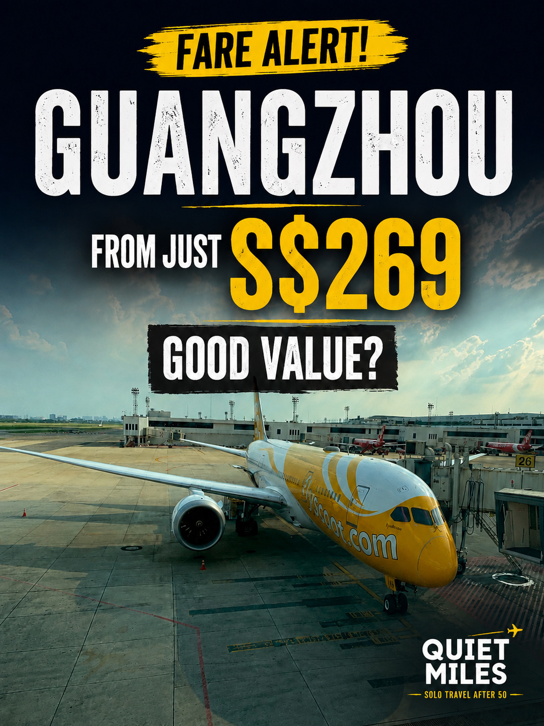 At first glance, S$269 return from Singapore to Guangzhou looks like a bargain.

After looking closer, I’d rate it as Good Value, rather than a true Deep Value fare.

Here’s why:

· Direct flights both ways
· Boeing 787 Dreamliner outbound
· Great timing for a long weekend
· Under S$300 return

The catch?

This fare only includes carry-on baggage.

If you’re travelling light, it’s an excellent choice.

But if you’re planning to shop in Guangzhou, paying a little more for a full-service airline may actually save you money and give you a more comfortable journey.

For around S$79 more, China Southern includes:

✓ 23kg checked baggage
✓ Meals
✓ Full-service experience

The cheapest ticket isn’t always the cheapest trip.

Sometimes spending a little more delivers much better overall value.

That’s exactly what Quiet Miles is about—not just finding cheap airfares, but helping you understand which fare actually gives you the best value.

#quietmiles #guangzhou #guangzhoutrip #china #chinatravel #cheapflights #airfare #flightdeals #singaporetraveller #scoot #chinasouthern #traveldeals #cheapflightdeals #china 