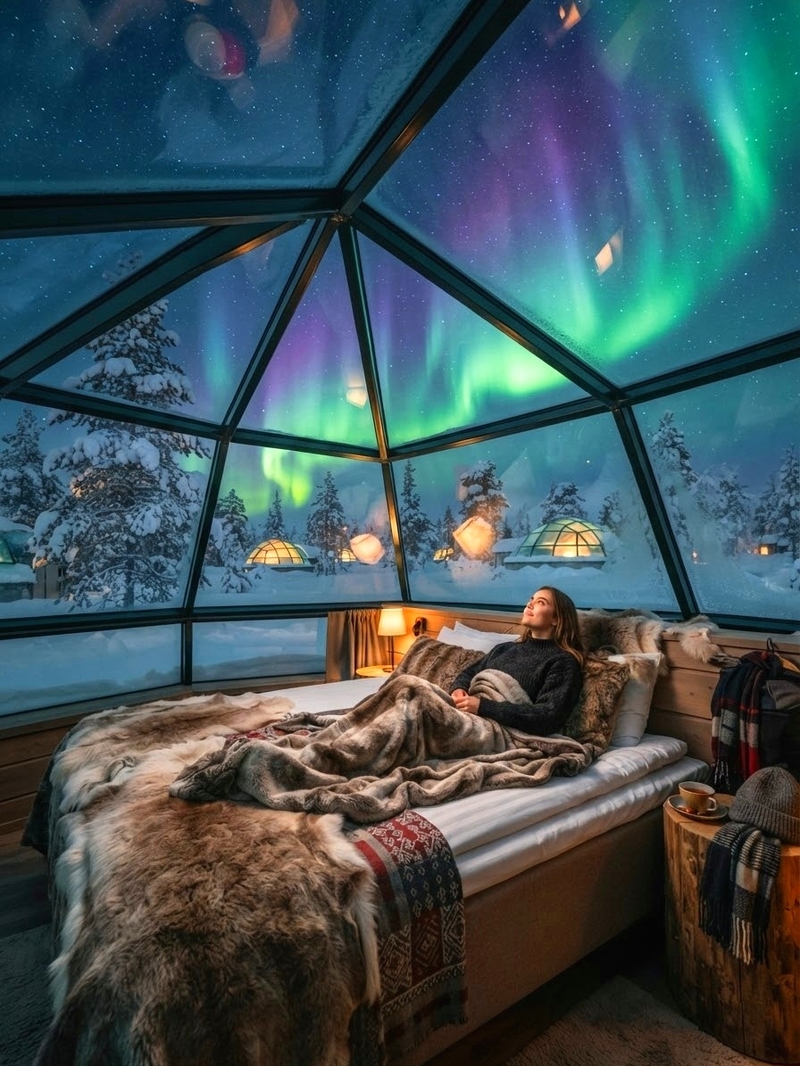 極光下玻璃穹頂小屋