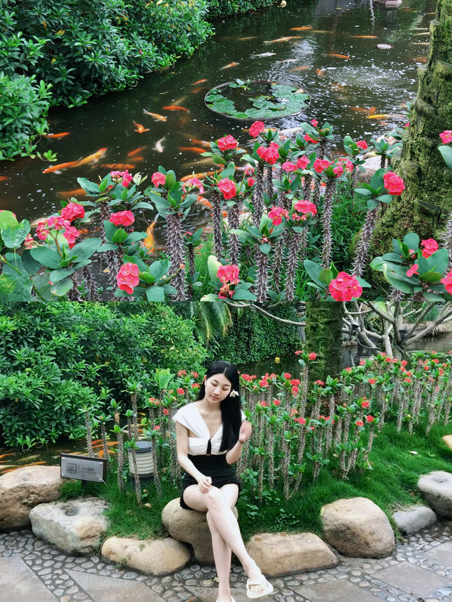 在廈門日月谷溫泉被東南亞風情的熱帶綠植包圍