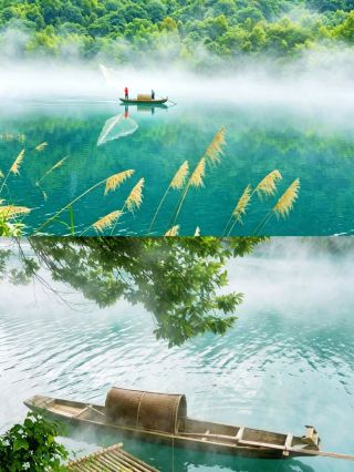Luminous secret realm by cherry blossom lake