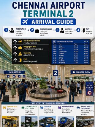 #arrivalguide 
Chennai Airport Terminal 2 Arrival Guide (2026)

Arriving at Chennai Airport Terminal 2 (T2)? This guide will help you complete your arrival process smoothly and reach your destination without any hassle.

Step 1: Immigration

If you're arriving on an international flight, follow the Immigration signs after disembarking. Keep your passport, boarding pass, visa (if required), and arrival documents ready for inspection.

Step 2: Baggage Claim

After immigration, head to the Baggage Claim area. Check the flight information screens to find your baggage belt number and collect your luggage. Free trolleys are available for passengers.

Step 3: Customs

Proceed through the Customs area. If you have goods to declare, use the Red Channel. Otherwise, continue through the Green Channel.

Step 4: Exit the Terminal

After customs, you'll enter the public arrival area where you can access taxis, app-based cabs, buses, the Metro, and other transport services.

Transport Options from Terminal 2

🚖 Prepaid Taxi: Available 24×7 outside the arrival exit.

🚗 App-Based Cabs: Ola and Uber pickup points are located outside the terminal.

🚌 City Bus: MTC buses connect the airport with Chennai Central, T. Nagar, Guindy, Tambaram, and other major areas.

🚇 Chennai Metro: The Airport Metro Station is connected to the terminal via a short covered walkway, making it one of the fastest ways to reach the city.

🚘 Private Vehicle & Parking: Multi-level parking is available for passengers arriving by private car.

Facilities at Terminal 2

· Free Wi-Fi
· ATMs
· Currency Exchange
· SIM Card Counters
· Information Desk
· Food & Beverage Outlets
· Restrooms
· Luggage Trolleys

Travel Tips

· Keep your passport and baggage tags until you leave the airport.
· Use only official taxi counters or app-based cab pickup zones.
· Follow airport signs for easy navigation.
· Keep some cash or a digital payment option ready for local transport.
· If you need assistance, visit the Information Desk in the arrivals hall.

Final Thoughts

Chennai Airport Terminal 2 is modern, spacious, and well-organized, offering a smooth arrival experience for both domestic and international passengers. With multiple transport options and excellent passenger facilities, reaching any part of Chennai is quick and convenient.

Have a safe journey and enjoy your stay in Chennai!