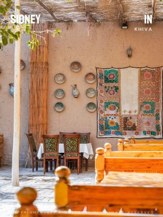 Two restaurant experiences in Khiva: Khiva Moon at noon and Terrassa in the evening.