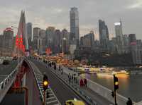 Hongyadong at Twilight: Crossing Qianqiao Bridge for the 6 PM Light-Up