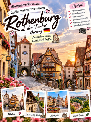 🌷Rothenburg ob der Tauber, Germany 🇩🇪

เมืองยุคกลางสีพาสเทล ที่เหมือนหลุดออกมาจากหนังสือนิทาน ✨

ต่อจาก Sintra แนะนำ Rothenburg ob der Tauber ค่ะ รอบนี้เปลี่ยนจากพระราชวังกลางป่าของโปรตุเกส มาเป็น เมืองยุคกลางของเยอรมนี บ้านสีพาสเทล ถนนหิน กำแพงเมือง และหอคอยโบราณ 🏘️🌸

🏘️ 1. Plönlein

นี่คือมุมที่เป็นภาพจำของ Rothenburg มากที่สุด 💛 บ้านครึ่งไม้สีเหลืองหลังเล็กตั้งอยู่ตรงทางแยก โดยมีถนนหินและหอคอยยุคกลางอยู่ด้านหลัง

ช่วงเช้าจะเหมาะกับการถ่ายรูปมาก เพราะบรรยากาศค่อนข้างสงบ ส่วนช่วงเย็นก็จะได้แสงสีทองสวยไปอีกแบบ 📸

🏰 2. Medieval City Walls

ความพิเศษของ Rothenburg คือยังสามารถเดินตาม แนวกำแพงเมืองเก่า ได้หลายช่วง ระหว่างทางจะเห็นหลังคาบ้าน หอคอย และตรอกเล็กๆ จากมุมสูง

บรรยากาศเหมือนกำลังเดินอยู่บนฉากเมืองยุโรปในอดีตเลยค่ะ

⛲ 3. Marktplatz

จัตุรัสกลางเมืองที่รายล้อมด้วยอาคารเก่าและ Town Hall เป็นอีกจุดที่ควรแวะ เพราะสามารถเดินต่อไปยังถนนสายหลัก คาเฟ่ และร้านเล็กๆ ได้ง่าย

ช่วงเทศกาลคริสต์มาส บรรยากาศของ Rothenburg จะเปลี่ยนไปอีกแบบด้วยไฟประดับและตลาดคริสต์มาส 🎄✨

🌸 4. Old Town

จริงๆ แล้วไฮไลต์ของเมืองนี้คือ การเดินโดยไม่ต้องรีบ

ตามตรอกจะเจอบ้านสีเหลือง ชมพู ฟ้า และครีม มีหน้าต่างไม้ ป้ายร้านแบบโบราณ กระถางดอกไม้ และถนนหิน ทำให้แทบทุกมุมถ่ายรูปได้หมด

🌳 5. Castle Garden

แม้ชื่อจะเป็น Castle Garden แต่ปราสาทเดิมบริเวณนี้ไม่ได้คงอยู่ครบเหมือนในอดีตแล้ว ปัจจุบันเป็นสวนและจุดชมวิวที่มองออกไปเห็นหุบเขา Tauber และส่วนหนึ่งของเมือง

เหมาะมากสำหรับพักจากการเดินใน Old Town แล้วมานั่งชมวิวธรรมชาติ 🌿

🍪 6. ลอง Schneeballen

ของหวานที่เห็นได้บ่อยใน Rothenburg คือ Schneeballen ขนมแป้งทอดทรงกลมที่มีชื่อแปลประมาณว่า “ลูกบอลหิมะ” ❄️

มีทั้งแบบคลาสสิกโรยน้ำตาลไอซิง และแบบเคลือบช็อกโกแลต เหมาะกับซื้อกินระหว่างเดินเที่ยวหรือเป็นของฝาก

⸻

✨ 4 อย่างที่ต้องทำ

📸 ถ่ายรูป Plönlein — มุมคลาสสิกที่เป็นภาพจำของเมือง

🏰 เดิน Medieval City Walls — ชมเมืองเก่าจากแนวกำแพง

🏘️ เดินเล่น Old Town + Marktplatz — ดูบ้านสีพาสเทลและตรอกยุคกลาง

🍪 ลอง Schneeballen — ของหวานที่พบได้ทั่วเมือง

🗺️ 1 Day in Rothenburg

08. 00 | Plönlein 📸
เริ่มเช้าจากมุมดังของเมือง ช่วงคนยังไม่เยอะจะได้บรรยากาศถนนยุคกลางแบบเต็มๆ

09. 00 | Old Town Walk 🏘️
เดินตามตรอกเล็กๆ ผ่านบ้านครึ่งไม้สีสันสดใสและร้านต่างๆ

10. 00 | Marktplatz ⛲
แวะจัตุรัสกลางเมือง ชม Town Hall และอาคารโดยรอบ

11. 00 | Medieval City Walls 🏰
ขึ้นเดินตามแนวกำแพงเมือง มองหลังคาและหอคอยจากด้านบน

12. 30 | Lunch 🍽️
กลับเข้า Old Town พักทานอาหารเยอรมัน

14. 00 | Castle Garden 🌿
เดินเล่นในสวนและชมวิว Tauber Valley

15. 30 | Café & Schneeballen ☕🍪
แวะคาเฟ่ ลองขนมขึ้นชื่อของเมือง

16. 30 | Old Town Photo Walk 📷
กลับมาเดินเก็บตรอกเล็กๆ และบ้านสีพาสเทลอีกครั้ง

18:00 | Golden Hour 🌅
ปิดท้ายที่ Plönlein หรือบริเวณกำแพงเมือง ช่วงแสงเย็นบ้านและถนนหินจะได้โทนอุ่นสวยมาก

“บ้านสีพาสเทล ถนนหิน กำแพงเมือง และหอคอยที่ยังล้อมเมืองเก่าอยู่…Rothenburg เป็นหนึ่งในเมืองที่แค่เดินผ่านประตูเมือง ก็เหมือนย้อนเวลากลับไปยุโรปยุคกลาง 🏰🌷🤎”

#Rothenburg #Germany #เที่ยวเยอรมนี #เมืองในนิทาน