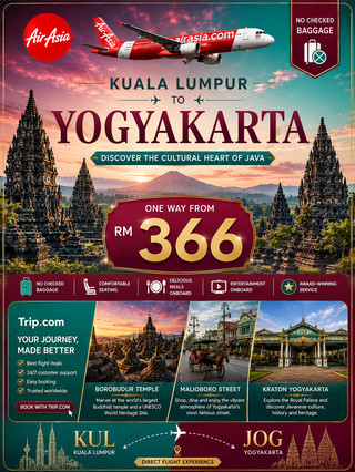 🌴 YOGYAKARTA GETAWAY — FROM KUALA LUMPUR ✈️🇮🇩

Ready for an unforgettable escape to one of Indonesia’s most fascinating cultural destinations? Discover Yogyakarta, a city where ancient temples, rich Javanese traditions, delicious local food and breathtaking landscapes come together.

🏛️ EXPLORE THE BEAUTY OF YOGYAKARTA

Marvel at the magnificent Prambanan Temple, discover the spiritual beauty of Borobudur Temple, stroll through the vibrant Malioboro Street, and experience the rich heritage of the Yogyakarta Palace. For something different, explore Taman Sari, enjoy spectacular views from Pinus Pengger, venture into Jomblang Cave, or relax along Parangtritis Beach. 🌅

🍜 TASTE THE FLAVOURS OF JAVA

A trip to Yogyakarta is not complete without trying its famous local dishes. From sweet and savoury Gudeg and smoky Sate Klathak to Bakpia Pathok, Soto Kadipiro, Nasi Kucing, Mie Lethek, Geplak and refreshing Es Dawet, there’s something delicious waiting around every corner.

✈️ YOUR YOGYAKARTA ADVENTURE

📍 From: Kuala Lumpur
📍 To: Yogyakarta, Indonesia
✈️ Airline: AirAsia
🎫 One-Way Journey
🧳 No Checked Baggage Included

Whether you’re travelling for culture, food, sightseeing, photography or simply looking for an affordable getaway, Yogyakarta is the perfect destination for an adventure filled with unforgettable experiences. ✨

🌅 Explore ancient temples. Taste authentic Javanese flavours. Discover vibrant streets. Create unforgettable memories.

🇮🇩 Yogyakarta is calling — pack your bags and let the adventure begin! ✈️❤️ #travel2026 #travel #tripcom #indonesia #exploresgtogether 