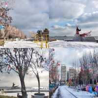冬日清晨，在海邊虞美人廣場踏雪