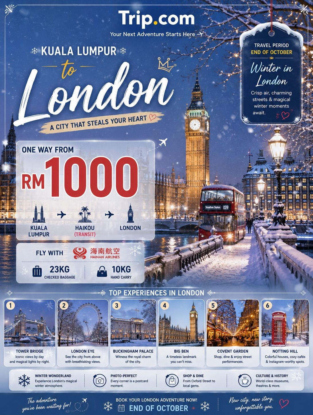 🇬🇧❄️ Kuala Lumpur → London from RM1,000 One Way — A Winter Journey Worth Taking! ✈️
Looking for an affordable way to experience London in winter? This trip takes us from Kuala Lumpur to London with a transit in Haikou, before arriving in one of Europe's most iconic cities. 🇲🇾✈️🇨🇳✈️🇬🇧
💰 FROM RM1,000 ONE WAY
🧳 23KG CHECKED BAGGAGE INCLUDED
🎒 10KG HAND CARRY
🔄 TRANSIT IN HAIKOU
London is the perfect destination if you love historic landmarks, beautiful architecture, shopping, food and that classic winter atmosphere. Imagine walking through the city with the streets decorated for the season, warm cafés around every corner and iconic landmarks covered in a beautiful winter glow. ❄️☕✨
🏙️ WHAT TO DO IN LONDON
👑 Buckingham Palace — See one of London's most famous landmarks and explore the surrounding area.
🌉 Tower Bridge — Walk along the Thames and enjoy one of the most recognisable views of London.
🎡 London Eye — Take in panoramic views across the city from above.
🎄 Covent Garden — Perfect for shopping, restaurants, street performances and seasonal decorations.
🏛️ British Museum — Discover world-famous collections and history, with free general admission.
⚡ King's Cross – Platform 9¾ — A fun stop for Harry Potter fans and a great photo opportunity.
And London isn't just about sightseeing. Spend your evenings exploring Soho, Oxford Street, Piccadilly Circus and the riverside, try classic British food, browse the shops and simply enjoy the atmosphere of the city. 🇬🇧❤️
✈️ OUR WHOLE TRIP
🇲🇾 Kuala Lumpur
↓
🇨🇳 Haikou — Transit
↓
🇬🇧 London
The RM1,000 starting fare makes this an interesting option for anyone who has London on their Europe bucket list. With checked baggage and hand carry included, you can also pack a little more comfortably for a longer trip.
💡 Travel tip: The RM1,000 fare is a starting price and can change according to travel dates and availability. Always check the exact itinerary, transit requirements, baggage allowance and connection time before booking.
From the moment you leave Kuala Lumpur to the moment you see London's skyline, this isn't just a flight — it's the beginning of a proper winter adventure. ❄️✈️🇬🇧
London in winter. Iconic landmarks. Cozy cafés. Endless things to explore.
🇬🇧 Would you take this trip for RM1,000 one way? 👀