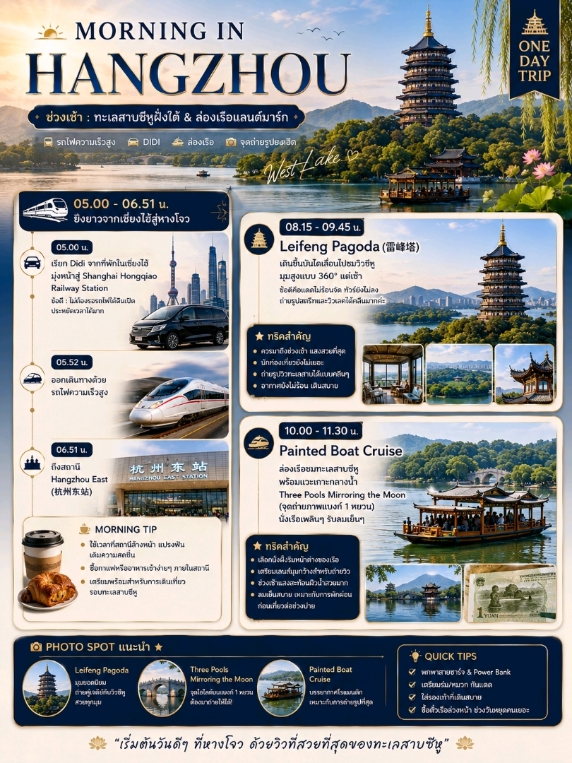🗺🧭 "Survive or not survive?" Plan ahead! My 4th trip to Shanghai includes a visit to Hangzhou at least once. 🚆
Here's my Hangzhou One Day Trip plan from Shanghai:
🚄 Hangzhou One Day Trip
5:00 AM: Call a Didi taxi from your accommodation in Shanghai and head to Shanghai Hongqiao Railway Station (no need to wait for the subway to open).
5. 52 AM: Depart by high-speed train.
6. 51 AM: Arrive at Hangzhou East Station. Grab a quick breakfast/coffee at the train station.
7. 30 AM: Take a Didi taxi from Hangzhou East Station directly to Leifeng Pagoda, located south of West Lake. (Takes approximately 30-40 minutes)
08. 15 - 09:45: Leifeng Pagoda 🏯
Take the escalator up to enjoy a 360-degree panoramic view of West Lake early in the morning.
**The advantage is that the sun isn't too hot, the tour groups haven't arrived yet, making for very clean street and lake view photos.**
10. 00 - 11:30: Painted Boat Cruise 🚣♀️
Walk to the pier near the pagoda, buy a ticket for a boat trip on West Lake, and stop at Three Pools Mirroring the Moon (the spot where you can take photos of the 1 Yuan banknote). Enjoy the relaxing boat ride and the cool breeze.
11. 45 - 13:15: Lunch at Grandma's Home (Yongjin Branch) 🍽️
The boat will drop you off on the Hangzhou side, moving towards the east/north. Stop for lunch at this famous local restaurant. Order the Donpo pork and Longjing tea-fried shrimp to recharge. Delicious Food Review (13:30 - 15:15): Quyuan Fenghe Park + Lotus Garden Cafe 🌸🐠
Take the Didi bus to the northwest of the lake. Stroll through Quyuan Fenghe Park, enjoy the birds and plants, then head to Lotus Garden Cafe (莲遇花园餐厅) to check in and take photos of the famous upside-down glass aquarium. Order a refreshing drink, rest your legs, and create content for social media.
15:30 - 17:15: Hangzhou Tower (杭州大厦) 🛍️📸
Take the Didi bus from the lake area and head north to the central business district at Hangzhou Tower. Stop to take photos and check in at... Stunning flower-decorated staircase and air-conditioned shopping for the latest fashion trends.
17:30 - 19:15: Jiangnan Fusion Dinner at Xixiang (溪香) Restaurant 🥢
Enjoy dinner at Xixiang, a modern Jiangnan-style restaurant with minimalist decor blended with an ancient Chinese rock garden.
19:15: Take a Didi taxi from the restaurant/Hangzhou Tower directly to Hangzhou Dong Station. Allow 30-40 minutes for travel time and evening traffic.
7. 55 PM: Arrive at Hangzhou East Station. Enter the station, scan your passport, and prepare to board the platform.
8. 35 PM: Depart for Shanghai.
9. 30 PM: Arrive safely at Shanghai Hongqiao Railway Station. Take a Didi taxi back to your accommodation.
Alternatively, take Metro Line 10 (purple line) directly without changing lines (highly recommended 👍).
Your hotel is located near Tiantong Road Metro Station, which is on Line 10, making it the easiest to get around.
From Shanghai Hongqiao Railway Station: Follow the signs in the high-speed train station to the Metro Line 10 (purple line) platform.
Direct ride: Take Metro Line 10 and get off at Tiantong Road Station (天潼路). The journey takes approximately 36-40 minutes (16 stations total). The fare is 5 yuan.
Walk to the hotel: Upon arriving at Tiantong Road Station, use the nearest exit. Then walk a little further and you'll reach the Golden Tulip Bund New Asia Hotel.
🌸 1. Quyuan Fenghe Park
Flower Highlight: Although this place is famous for its lotus ponds in the summer, in early April, this area and the area around West Lake become a very beautiful spot to see cherry blossoms and peach blossoms. You will see pink and white petals reflected on the lake's surface. Every photo angle looks lovely in the Jiangnan style.
🌷 2. Flower Staircase at Hangzhou Tower
Flower Highlight: Leading department stores in China often have grand decorations to welcome spring. In early April, the landmark staircase of Hangzhou Tower is often transformed into... 1. Staircase adorned with large, fresh or decorative flowers (such as tulips or brightly colored blooming flowers), a popular street fashion photo spot favored by Chinese influencers for check-ins.
🚣♀️ 3. West Lake Boat Cruise & Three Lakes Reflecting the Moon
Scenic View: The scenery along the shores of West Lake in early April is filled with lush green willow trees, contrasting with the pink of peach blossoms planted along the shoreline (a unique "green willow, red peach" atmosphere). Viewing this from a cruise boat offers a beautiful and romantic perspective.
🏯 4. Leifeng Pagoda
Scenic View: When you climb to the top of Leifeng Pagoda and look down, you'll see a panoramic view of West Lake surrounded by forests and parks changing color to green interspersed with pink from blooming flowers. It's a beautiful bird's-eye view that's definitely worth snapping photos of.
🐠 5. Lotus Garden Cafe (Hanging Upside Down Aquarium Cafe)
Atmosphere: The cafe is located in a shady garden area. In early April, the trees and grass are at their most lush green, and the natural flowering shrubs surrounding the shop are in bloom. Combined with the stylish glass aquarium, this creates a refreshing and vibrant mood for photos.
**Note:** Booking high-speed train tickets through the Trip.com app allows you to choose your seats – very convenient! 🚆