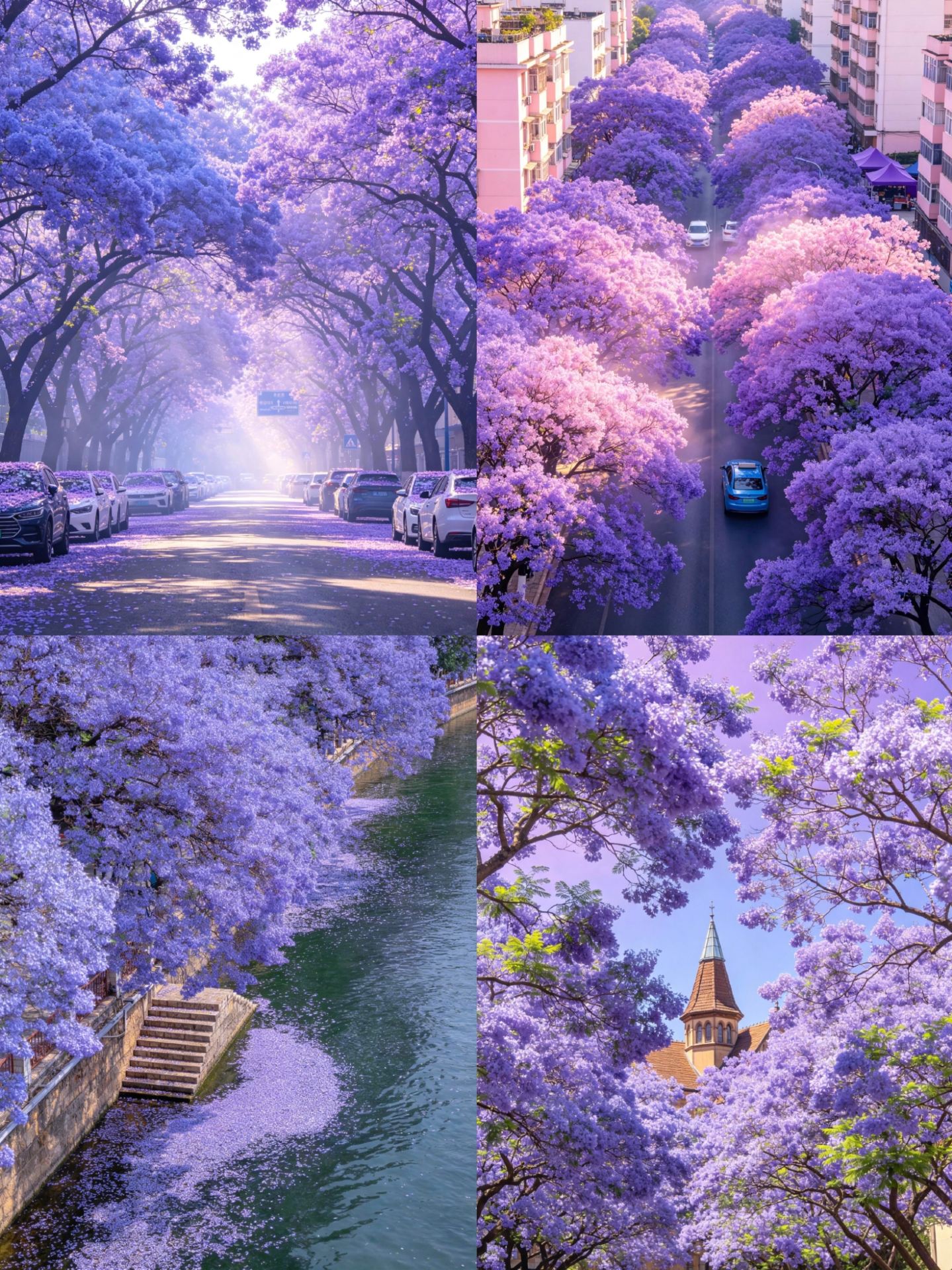 Later, I told everyone how romantic Kunming is in early summer 💜
The late spring in the Spring City is a gentle poem written by jacarandas.
Purple mist pours down from the sky, dyeing the streets and alleys into a dreamy sea of flowers.
A gentle breeze blows, purple rain rustles.
The entire city is immersed in this gentle spring color unique to Kunming~

💜【Must-Visit Photo Spots】
1️⃣ Jiaochang Middle Road | Top-Tier Purple Tunnel
A 1.4 km avenue covered by 500+ jacaranda trees, forming a dreamy flower corridor ✨
👉Photo Spot Tips:
· 🌁 Overhead shot from the pedestrian bridge: Get a bird's-eye view of the entire purple flower avenue.
· 🍦 Kindergarten section shot: The natural canopy formed by branches + jacaranda popsicle prop makes for even better photos!

2️⃣ Panlong River Bank | Water Flower Wonderland
The river water reflecting the purple flowers, and petals covering the river surface, is absolutely stunning 💦
👉Recommended Route:
· 🚶‍♀️ Riverside walkway from Taoyuan Square to Yuantong Bridge.
· 🏗 Oil Pipe Bridge: Industrial-style architecture perfectly combined with the flower scenery.
· ⛴ Take a boat: Experience the unique perspective of photographing flower reflections on the water.

3️⃣ Chuncheng Road | Hidden Gem Niche Spot
Low-hanging branches within reach! You can take fairy-like photos without a ladder 🌸
📍 Low wall next to Tailong Hongrui Hotel
· 🌟 Backlit shooting: The sunlight is super gentle at 4 PM.
· ✨ Stand on the low wall: Instantly be surrounded by purple flowers 360°.

4️⃣ Tiepi Alley | Artistic Old Alley
Red brick old houses + jacarandas = vintage artistic blockbusters 📸
👉Hidden Play:
· 🏙 Caiyunli Terrace: An excellent vantage point for an overhead shot of the old alley.
· 🔭 Deep alleyways: Low-angle upward shots to capture the layers of flowers and sky.

📸【Exclusive Photography Tips】
🌸 Best Blooming Period: Late April - Mid-May (miss it, wait a year)
👗 Outfit Suggestion: Light white/hazy blue long dresses are super photogenic!
⏰ Golden Hour: 8-10 AM | 4-6 PM (soft light and fewer people)
📱 Equipment Choice: Macro lens for flower details | Wide-angle for panoramic shots

🚗 Nearby Transportation:
1️⃣ Bus 64/183 directly to Jiaochang Middle Road.
2️⃣ Metro Line 2 to Chuanxin Gulou Station for Panlong River.
3️⃣ Chuncheng Road Metro Line 5 Wuyi Road Station, 10-minute walk.

💰 Ticket Information: All free! Kunming is truly amazing~

Every Kunming local knows that
when jacarandas bloom, the entire city transforms into a purple fairy tale.
This summer, come and be the heroine in the purple sea of flowers!