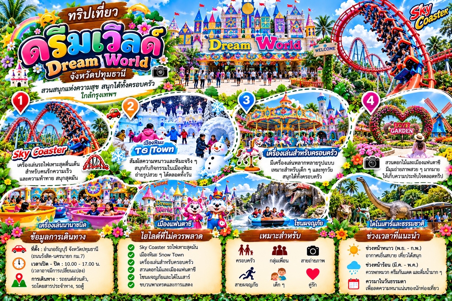 If you're looking for a place to visit filled with laughter, fun, and excitement, we recommend Dream World, a popular amusement park in Thanyaburi District, Pathum Thani Province. It's perfect for families, groups of friends, or couples to spend quality time together on weekends 🎉
Here, you'll find thrilling rides, beautiful photo spots, and a variety of activities, making a day trip full of memorable experiences.
📍 Highlights you shouldn't miss:
1. Sky Coaster 🎢
A roller coaster for speed and thrill seekers. Enjoy the exhilarating swings and curves. Ideal for adventure ride enthusiasts.
2. Snow City ❄️
Change the atmosphere from Thailand's hot weather and experience the cold and snowy environment. Perfect for taking photos and creating unique experiences with your family.
3. Family Rides 🎠
There are various types of rides to choose from depending on the age, including carousels and rides suitable for children, adding color to everyone's day off.
4. Photo Spots and Fantasy City 📸
Stroll through the colorfully decorated amusement park, with many beautiful photo spots and backdrops to capture memorable moments throughout your trip.
💚 Overall Impression:
Dream World is an amusement park perfect for a full-day trip. Because it combines fun, excitement, and a fantasy atmosphere all in one place, whether you want to try thrilling rides, participate in activities with children, or simply stroll around and take photos, you can choose activities according to your preferences.
It's another place that can turn an ordinary holiday into a joyful one, perfect for families, couples, and groups of friends who want to experience something new. 🎈
🚗 Tips before you go:
Check opening and closing times, ticket prices, and which rides are open before you travel.
It's best to go in the morning to have time to enjoy many rides.
Wear comfortable clothing and shoes.
Check the height requirements and safety regulations for each ride.
If you want to visit the Snow City, check the entry requirements and available equipment.
Summary: Dream World is a happy amusement park suitable for all ages. It's fun, exciting, and has beautiful spots for taking photos. It's a destination you should definitely visit at least once! 🎡✨
#DreamWorld #DreamWorldAmusementPark #TravelPathumThani #FamilyTravel #HolidayTravel #ThrillingRides #TravelNearBangkok 🎢❤