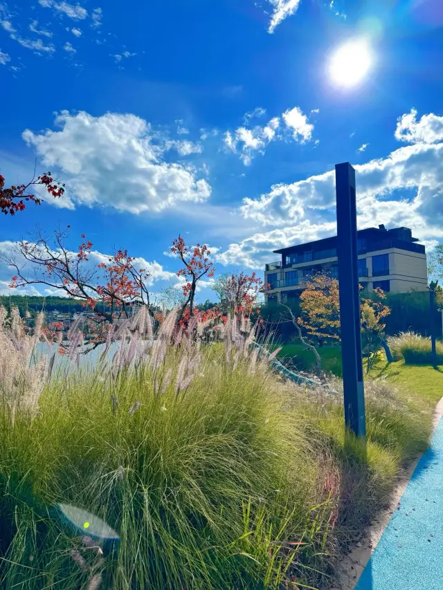 The lake shimmers, the grass is green, and the sky is blue, creating a relaxing little fairyland at Xinghai Cultural Tourism Town